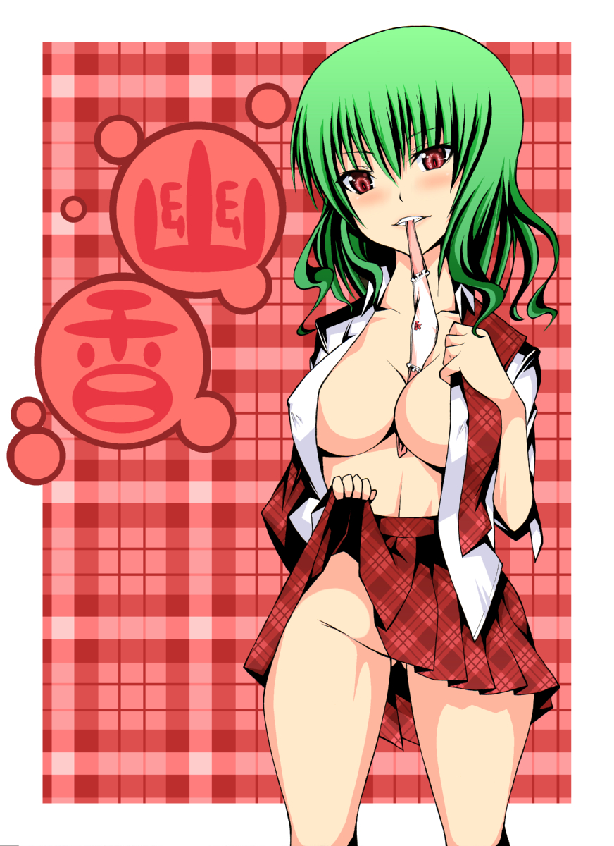 daive, kazami yuuka, touhou, bad id, bad pixiv id, highres, 1girl, between breasts, breasts, cleavage, clothes lift, female focus, green hair, large breasts, mouth hold, no panties, open clothes, open shirt, panties, panties in mouth, plaid clothes, plaid skirt, shirt, skirt, skirt lift, solo, underwear