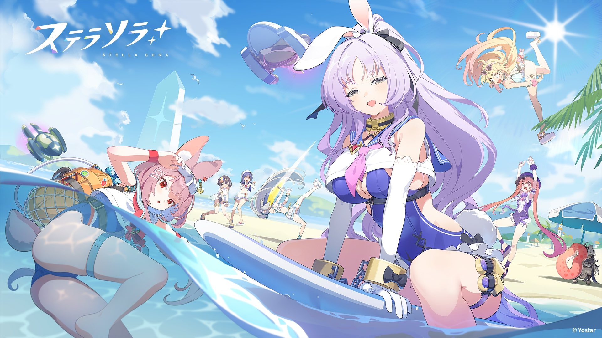 nishiki kazue, amber (stella sora), cosette (stella sora), female tyrant (stella sora), iris (stella sora), mistique (stella sora), noya (stella sora), shia (stella sora), tyrant (stella sora), stella sora, yostar, commentary request, highres, official art, 6+girls, animal ears, armband, beach, beach umbrella, beach volleyball, bikini, black hair, black ribbon, blonde hair, blue hair, blue one-piece swimsuit, blue sky, bow, bowtie, bracelet, breasts, cleavage cutout, clothing cutout, cloud, collared halterneck, competition swimsuit, copyright logo, copyright name, crop top, cuffs, day, drone, elbow gloves, frilled armband, frills, gloves, grey eyes, grey hair, hair ribbon, high ponytail, innertube, jewelry, karin (stella sora), knees together feet apart, large breasts, logo, looking at viewer, mole, mole on thigh, monolith (object), multiple girls, neckerchief, ocean, one-piece swimsuit, open mouth, outdoors, palm tree, pink hair, pink neckerchief, ponytail, purple hair, purple one-piece swimsuit, rabbit ears, rabbit girl, rabbit tail, red bow, red bowtie, red eyes, ribbon, sandals, scrunchie, shackles, shirt, sky, sleeveless, sleeveless shirt, smile, squatting, standing, sun, sunlight, surfboard, swim ring, swimsuit, tail, thigh strap, thighs, tree, umbrella, water, white bikini, white gloves, white hair, white shirt, wrist scrunchie