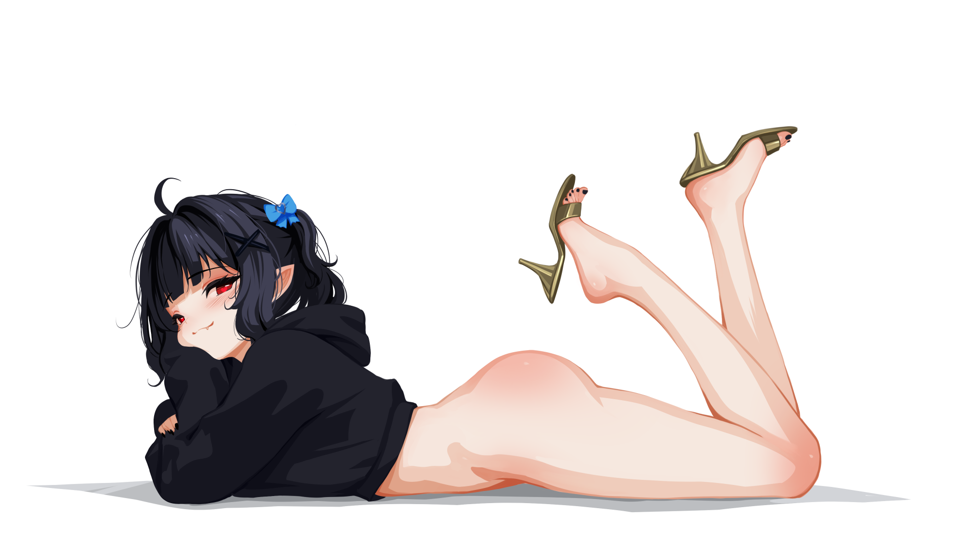 sansha art, mint fantome, indie virtual youtuber, highres, 1girl, ahoge, ass, black hair, black nails, blue bow, blush, body blush, bottomless, bow, chin reast, fang, feet, gold shoes, hair bow, hair ornament, heart, heart-shaped pupils, high heels, legs, long sleeves, looking at viewer, lying, midriff, on stomach, pointy ears, red eyes, shoes, sidelocks, simple background, solo, sweater, symbol-shaped pupils, thighs, toes, two side up, virtual youtuber, white background, x hair ornament