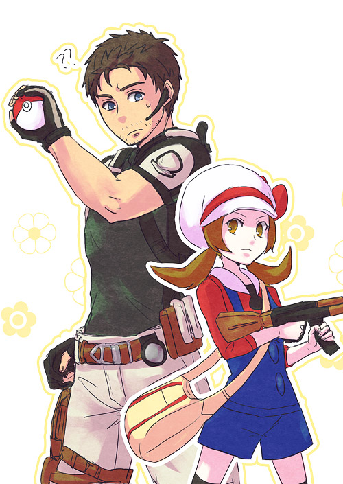 naoetsu yuki, chris redfield, lyra (pokemon), nintendo, pokemon, pokemon hgss, resident evil, resident evil 5, bad id, bad pixiv id, 00s, 1boy, 1girl, ?, ak-47, assault rifle, bag, beard stubble, brown hair, crossover, facial hair, gun, hat, hat ribbon, headset, holding, holding poke ball, kalashnikov rifle, mustache stubble, overalls, poke ball, poke ball (basic), red ribbon, ribbon, rifle, role reversal, stubble, twintails, weapon