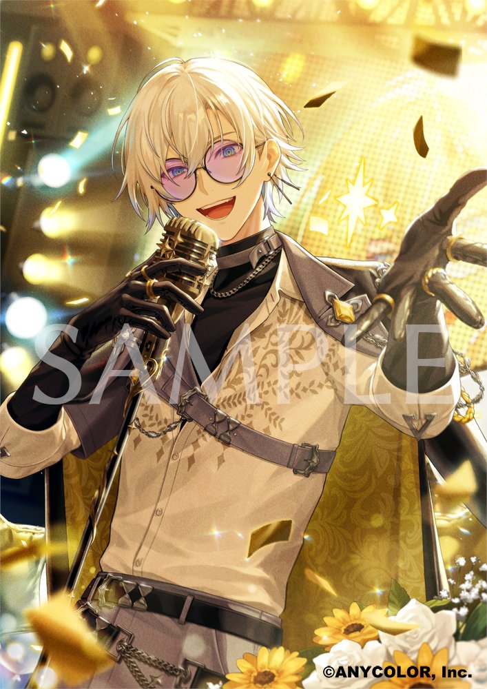 saino misaki, kaelix debonair, nijisanji, nijisanji en, commentary, commentary request, english commentary, mixed-language commentary, official art, 1boy, :d, belt, black-framed eyewear, black belt, black choker, black gloves, black shirt, blue eyes, blurry, choker, company name, confetti, copyright logo, copyright notice, depth of field, flower, gloves, grey pants, hair between eyes, jacket, jewelry, logo, looking at viewer, male focus, microphone, necklace, open mouth, outstretched arm, pants, purple-tinted eyewear, round eyewear, sample watermark, shirt, smile, solo, teeth, tinted eyewear, tongue, upper teeth only, virtual youtuber, watermark, white flower, white hair, white jacket, yellow flower