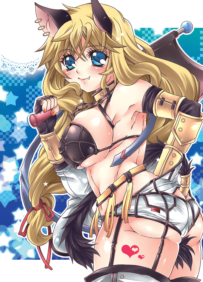 choko (kandatake), mechanic (ragnarok online), ragnarok online, commentary, commentary request, english commentary, 1girl, animal ears, ass, axe, between legs, bikini, black bikini, black gloves, blonde hair, blue eyes, blush, breasts, cat ears, cat girl, cat tail, closed mouth, cowboy shot, earrings, fang, fang out, fingerless gloves, fingernails, gloves, holding, holding axe, jewelry, large breasts, long hair, looking at viewer, looking to the side, red nails, shorts, smile, solo, swimsuit, tail, tail between legs, very long hair, white shorts