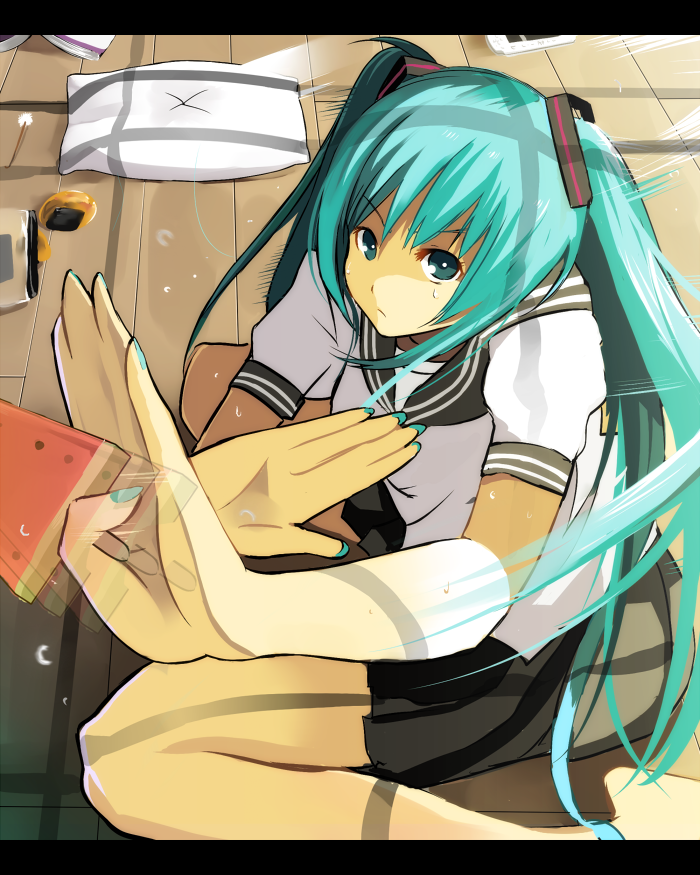 nauribon, hatsune miku, vocaloid, bad id, bad pixiv id, 1girl, female focus, fighting stance, food, foreshortening, fruit, green eyes, green hair, letterboxed, matching hair/eyes, nail polish, popsicle, school uniform, serafuku, solo, twintails, watermelon, watermelon bar