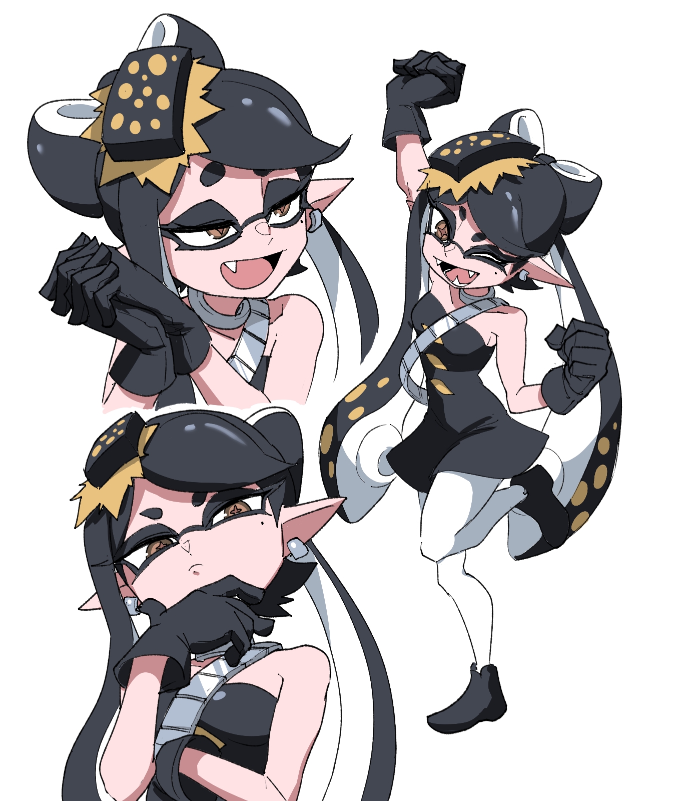 nasu (ilo a5), callie (splatoon), nintendo, splatoon (series), splatoon 3, commentary, highres, + +, 1girl, bandolier, belt, black dress, black gloves, black hair, black shoes, brown eyes, dress, earrings, fangs, folded hair, food, food on head, frown, gloves, half-closed eyes, hand on own chin, jewelry, leg up, long hair, looking at viewer, mole, mole under eye, multiple views, neck ring, object on head, one eye closed, open mouth, own hands together, pantyhose, pointy ears, raised fist, shoes, short dress, simple background, smile, standing, standing on one leg, strapless, strapless dress, sushi, swept bangs, twintails, very long hair, white background, white pantyhose