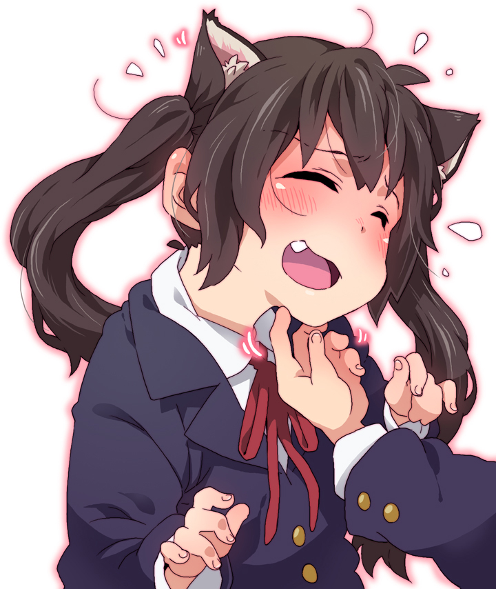 takanashi ringo, nakano azusa, k-on!, 00s, 1girl, animal ear fluff, animal ears, black hair, blazer, blush, cat ears, cat girl, fang, female focus, gradient background, jacket, neck ribbon, red ribbon, ribbon, school uniform, simple background, solo, tickling, tickling face, twintails, white background
