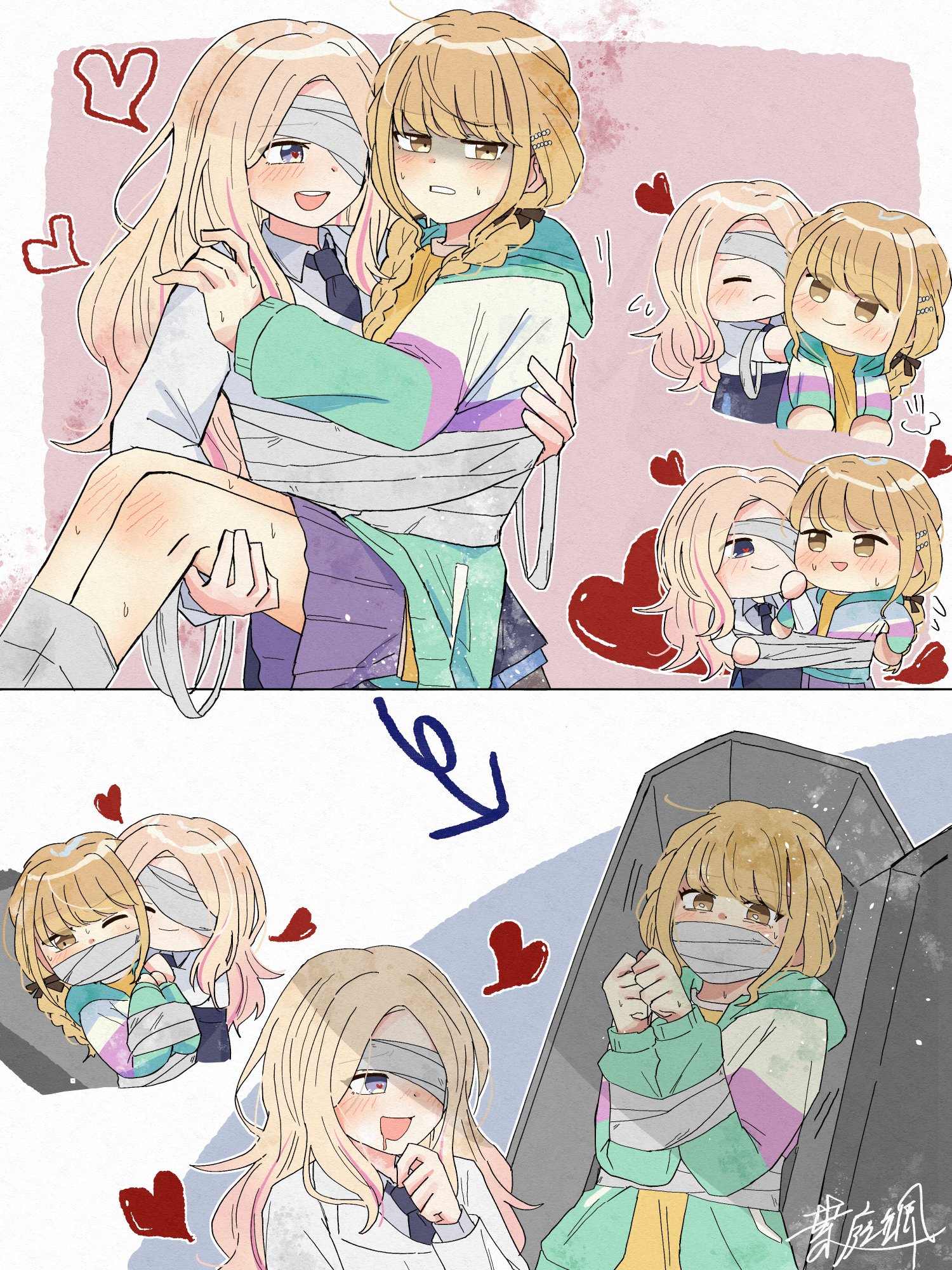 haniwa hayate, fujita kotone, juo sena, gakuen idolmaster, idolmaster, commentary, highres, symbol-only commentary, 2girls, bandage over one eye, black necktie, blonde hair, bound, bound arms, bound together, braid, carrying, coffin, collared shirt, drooling, grey shirt, halloween, heart, hood, hoodie, jacket, long hair, multiple girls, necktie, pink streaks, pleated skirt, princess carry, purple skirt, shirt, skirt, smile, sweat, twin braids, white jacket, yellow eyes, yuri