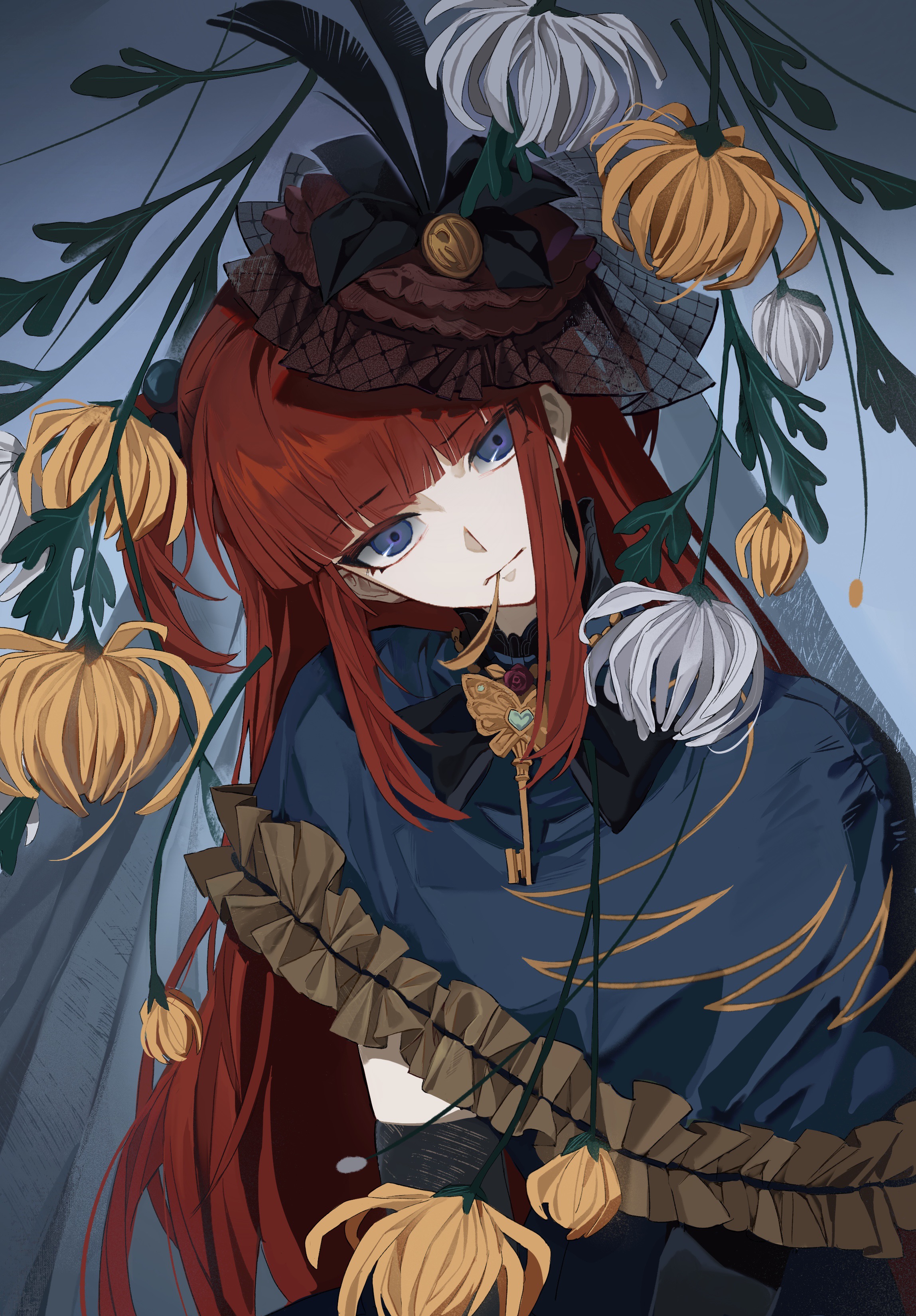 jinxiaoyimeng, ushiromiya ange, umineko no naku koro ni, absurdres, flower request, highres, 1girl, ange beatrice, beads, black bow, black bowtie, blue capelet, blue eyes, blunt bangs, bow, bowtie, capelet, flower, frilled capelet, frills, hair beads, hair ornament, half updo, hat, hat feather, head tilt, key, long hair, looking at viewer, orange flower, red hair, red hat, ribbon-trimmed capelet, ribbon trim, short twintails, sidelocks, solo, twintails, upper body