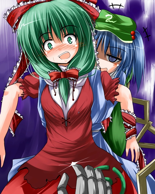 tsuzuri (tuzuri), kagiyama hina, kawashiro nitori, touhou, 2girls, @ @, baseball cap, blue eyes, blush, bow, female focus, frills, front ponytail, green eyes, green hair, hair bobbles, hair bow, hair ornament, hat, mechanical arms, multiple girls, open mouth, ribbon, short twintails, smile, symbol-shaped pupils, twintails, two side up, yandere, you gonna get raped
