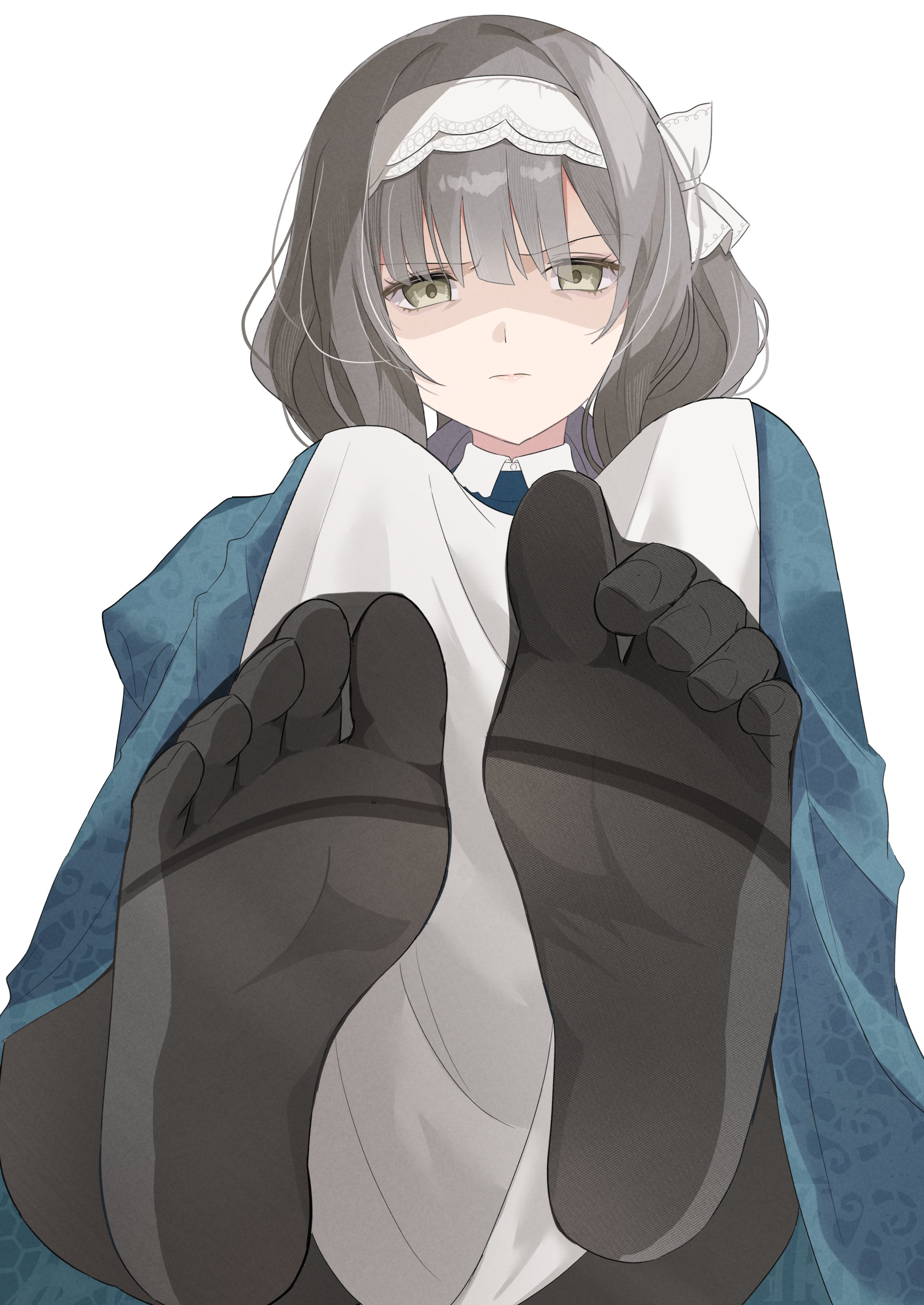 gaohuang43450, hiwatari kanae, gakuen idolmaster, idolmaster, absurdres, highres, 1girl, apron, black pantyhose, dress, feet, foot focus, green dress, green eyes, grey hair, hair ribbon, looking at viewer, maid, maid headdress, pantyhose, ribbon, scowl, shaded face, short hair, simple background, solo, white apron, white background