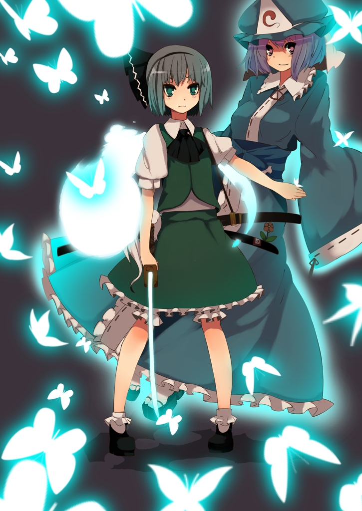 fuurin (omaemona), konpaku youmu, konpaku youmu (ghost), saigyouji yuyuko, touhou, silver hair, bad id, bad pixiv id, 2girls, blue eyes, bug, butterfly, female focus, ghost, hairband, hat, hitodama, katana, multiple girls, ribbon, short hair, sword, weapon