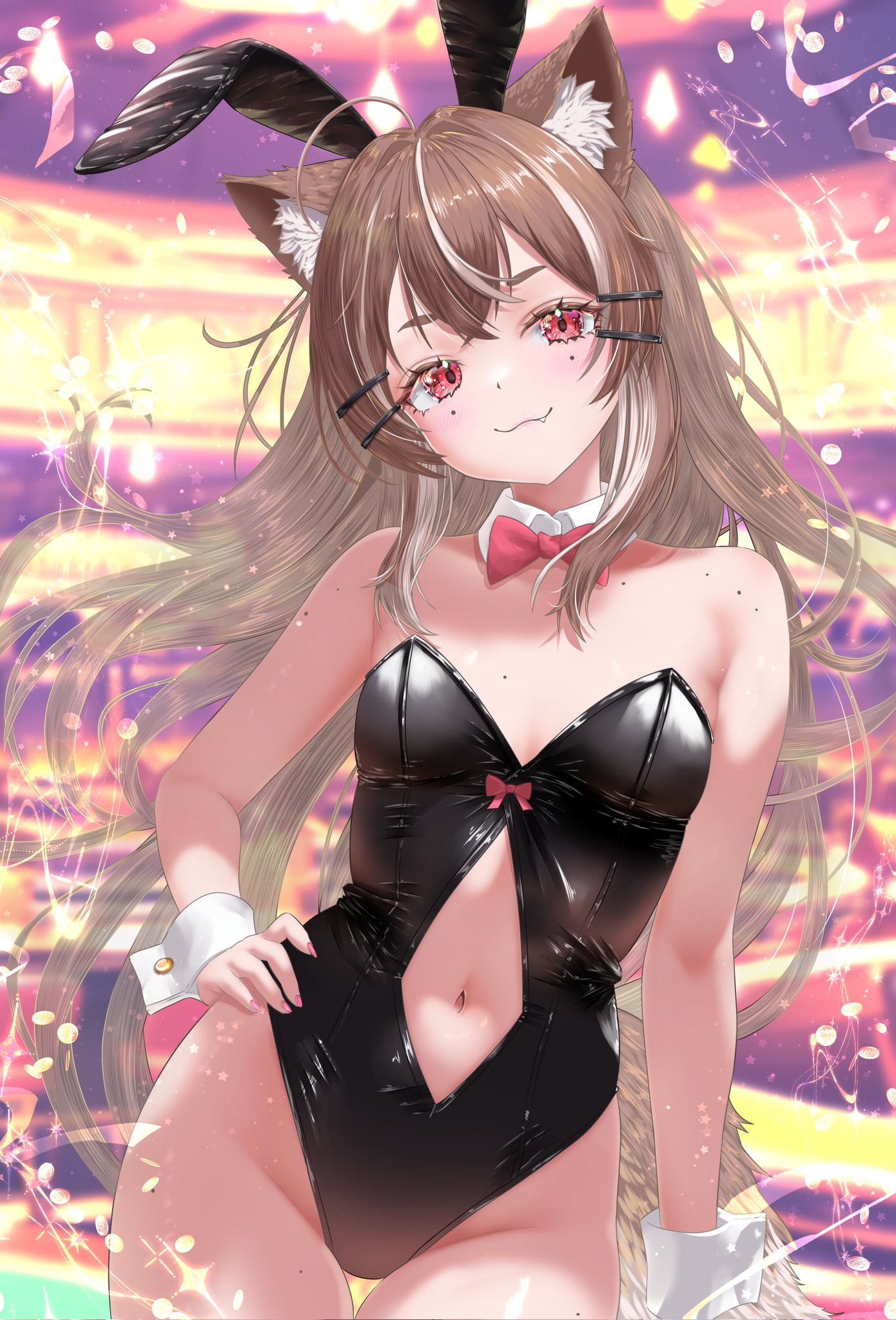 nanaki24, mocha-tan (character), indie virtual youtuber, highres, 1girl, animal ear fluff, animal ears, black leotard, blush, bow, bowtie, breasts, brown hair, cat ears, cat girl, cat tail, closed mouth, clothing cutout, cowboy shot, detached collar, fake animal ears, fang, fingernails, groin, hair between eyes, hair ornament, hand on own hip, highleg, leotard, lipstick, looking at viewer, makeup, mole, mole under each eye, mole under eye, multicolored hair, multiple moles, navel, navel cutout, pink lips, pink nails, playboy bunny, rabbit ears, red bow, red bowtie, red eyes, small breasts, solo, strapless, strapless leotard, streaked hair, tail, two-tone hair, virtual youtuber, white hair, white wrist cuffs, wrist cuffs