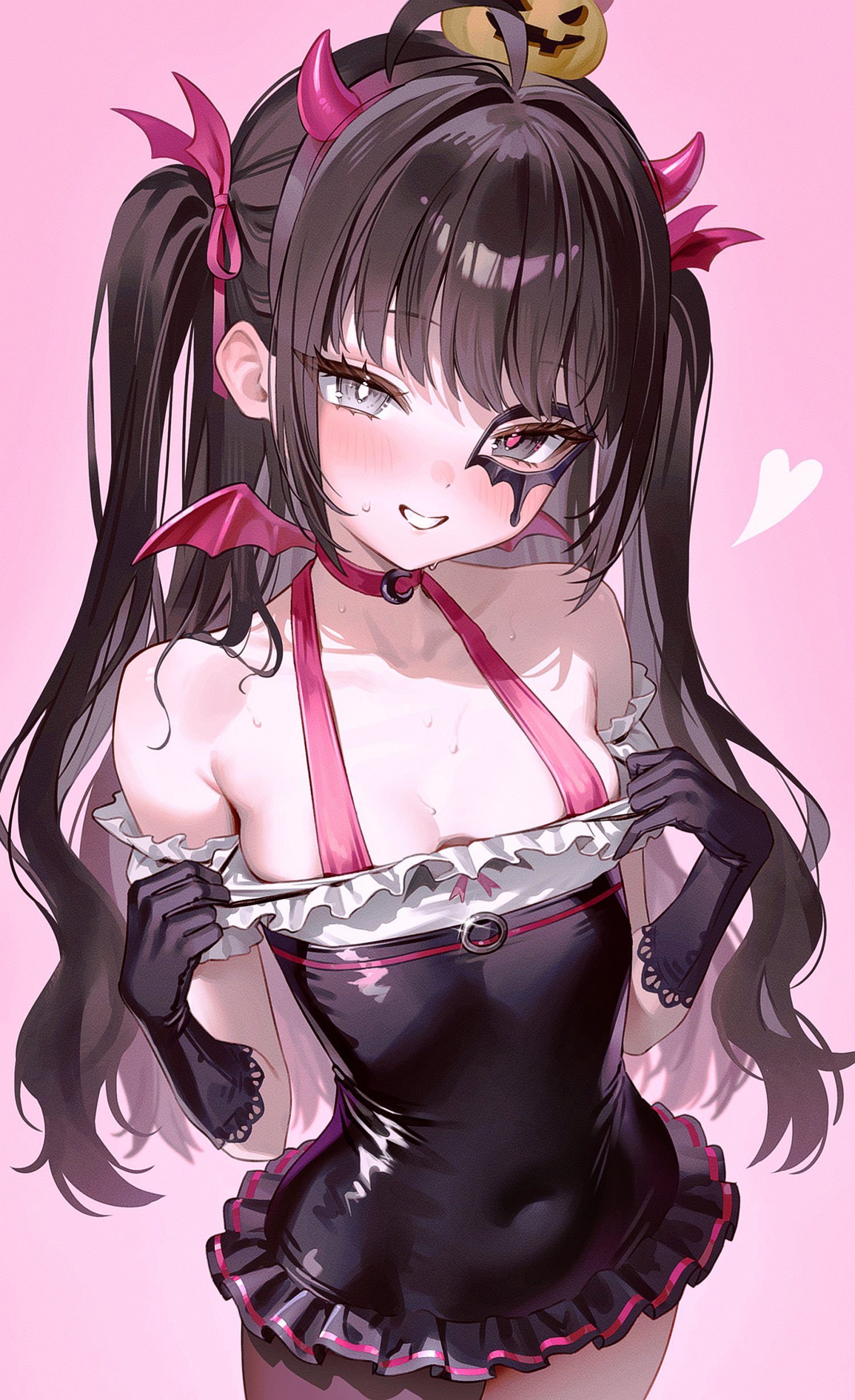 fymrie, brown dust (series), brown dust 2, absurdres, highres, 1girl, :d, arm strap, breasts, choker, clothing cutout, collarbone, demon horns, elbow gloves, eye mask, food-themed hair ornament, gloves, hair ornament, hair tie, halloween costume, horns, mask, navel cutout, open mouth, pink background, pulling own clothes, pumpkin hair ornament, simple background, small breasts, smile, solo, twintails