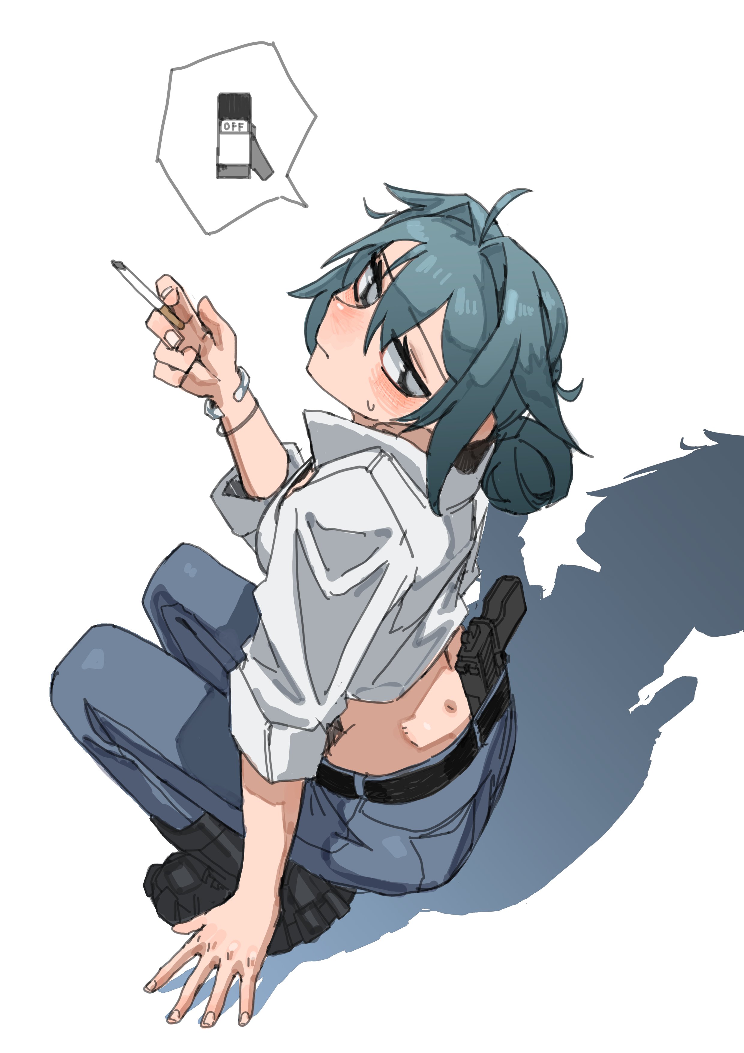 bendit, tagme, 1girl, belt, boots, cigarette, concealed weapon, gun, midriff, pants, weapon