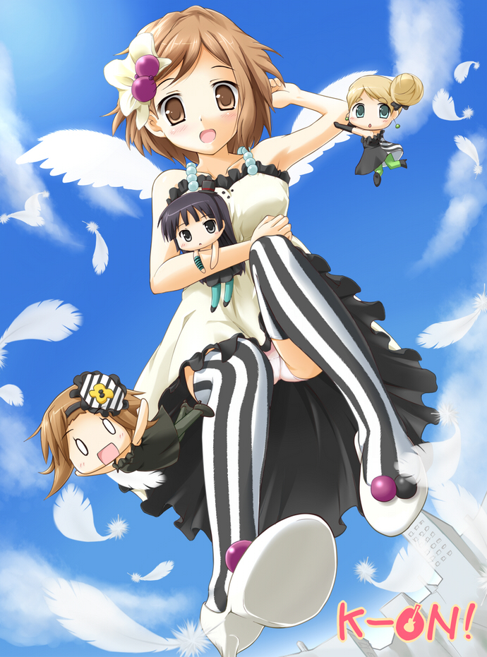 utamaru (konomix), akiyama mio, hirasawa yui, kotobuki tsumugi, tainaka ritsu, don't say "lazy", k-on!, eyebrows, striped legwear, vertical-striped legwear, 00s, 4girls, angel, blunt bangs, chibi, feathers, hair bun, hat, hime cut, ho-kago tea time, mini hat, mini top hat, multiple girls, panties, pantyhose, pink panties, single hair bun, striped clothes, striped thighhighs, thighhighs, top hat, underwear, vertical-striped clothes, vertical-striped thighhighs, wings