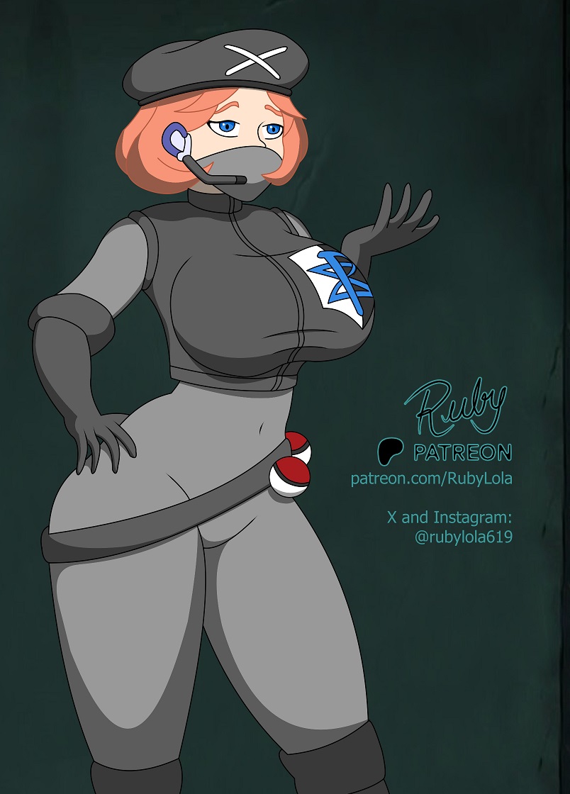 rubylola, nintendo, pokemon, pokemon (anime), belt, beret, blue eyes, boots, breasts, egg, facial mask, gloves, hat, insignia, jacket, long boots, mask, mask on head, microphone, open hand, pokemon egg, pussy, red hair, skintight costume, talking