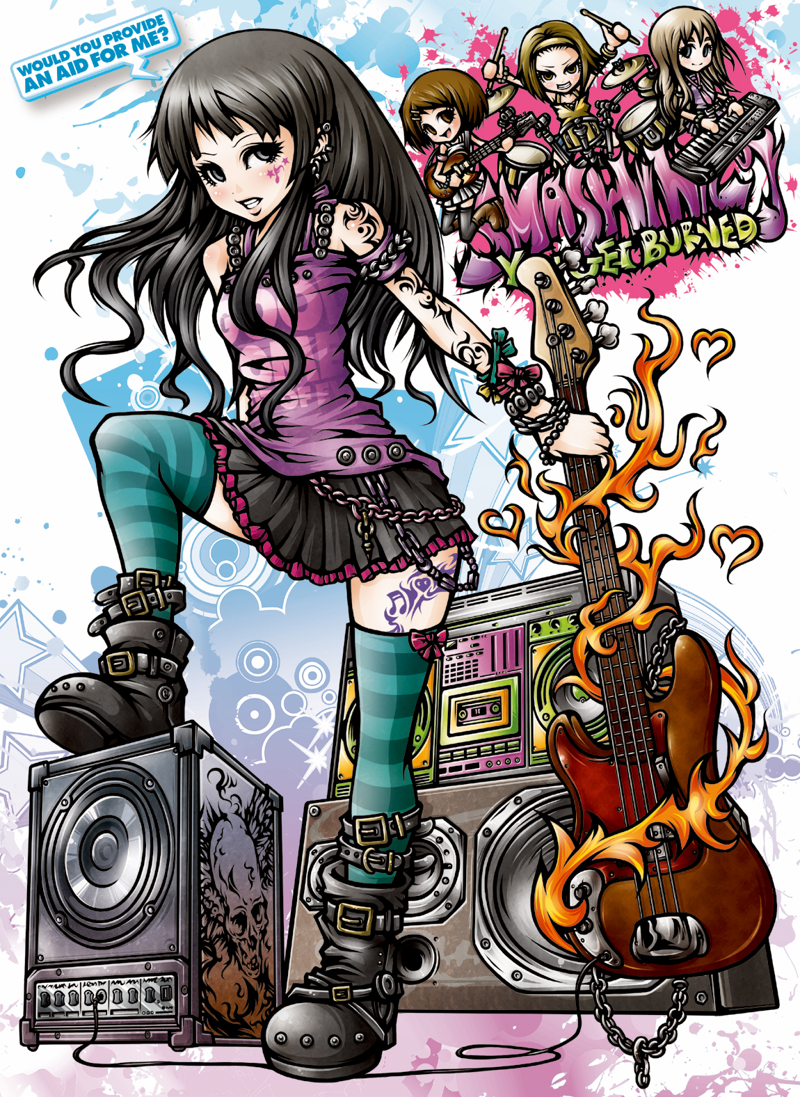 project.c.k., akiyama mio, hirasawa yui, kotobuki tsumugi, tainaka ritsu, k-on!, striped legwear, highres, 00s, 4girls, alternate costume, amplifier, aqua thighhighs, arm tattoo, bass guitar, black eyes, black hair, blonde hair, blouse, blue eyes, blunt bangs, boombox, boots, bracelet, brown eyes, brown hair, chain, chibi, chibi inset, drum, drumsticks, earrings, electric guitar, english text, engrish text, eyelashes, fire, guitar, hairband, hime cut, ho-kago tea time, instrument, jewelry, keyboard, keyboard (instrument), long hair, miniskirt, multiple girls, off shoulder, purple shirt, ranguage, shirt, simple background, skirt, skull, speaker, speech bubble, striped clothes, striped thighhighs, tattoo, thighhighs, tribal tattoo, white background, zettai ryouiki