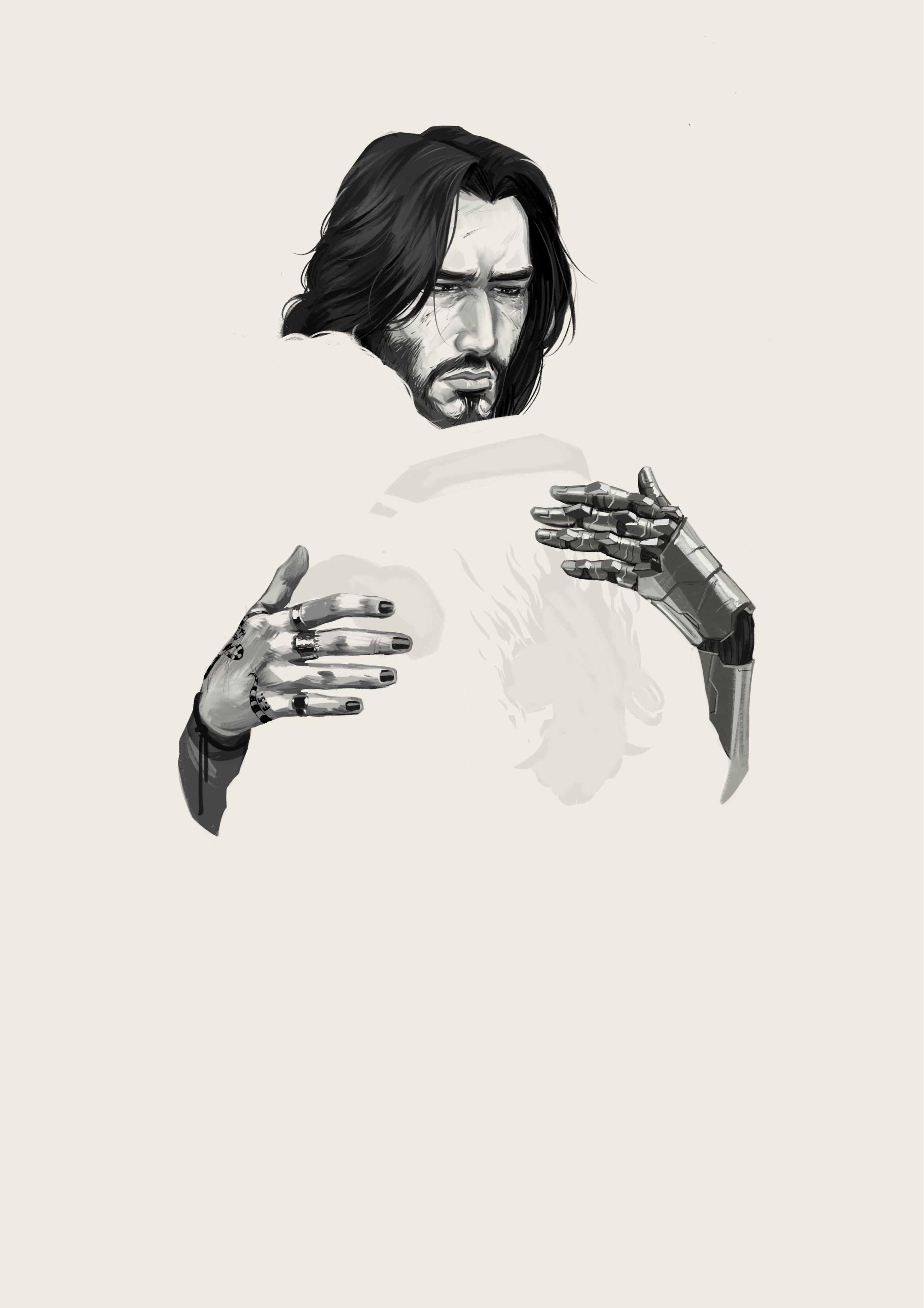 johnny silverhand, v (cyberpunk), cyberpunk (series), cyberpunk 2077, absurdres, highres, 1boy, 1other, beard, black hair, blending, corvuscorv1d, facial hair, frown, furrowed brow, greyscale, head on another's shoulder, hug, jewelry, monochrome, multiple rings, negative space, parody, prosthesis, prosthetic arm, ring, the lobster