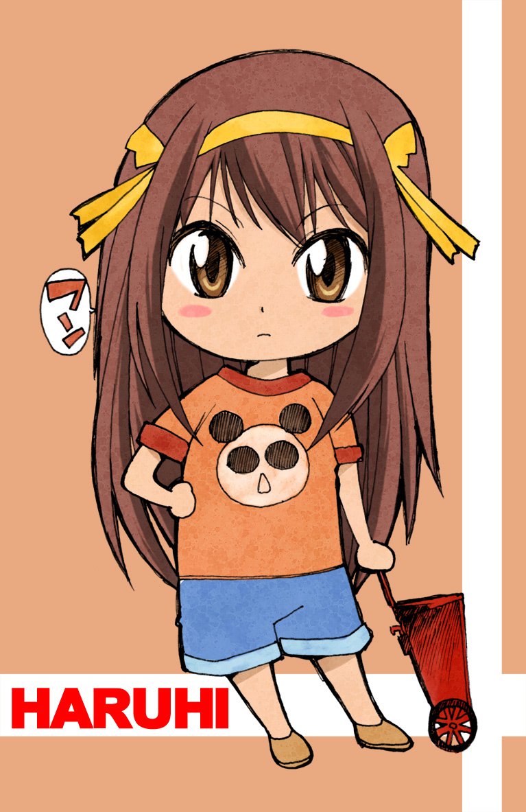 kikumaru bunta, suzumiya haruhi, suzumiya haruhi (young), suzumiya haruhi no yuuutsu, 00s, 1girl, aged down, brown eyes, brown hair, chibi, female focus, full body, orange shirt, shirt, solo, twintails
