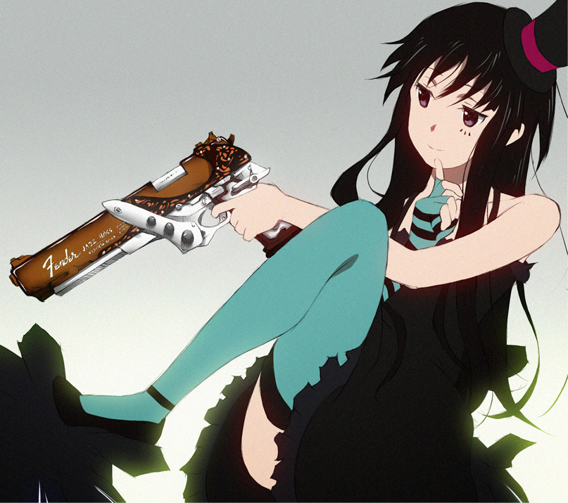 qaz, akiyama mio, don't say "lazy", k-on!, striped, bad id, bad pixiv id, 00s, 1girl, black eyes, black hair, dress, facepaint, female focus, fingerless gloves, gloves, gun, hat, long hair, mini hat, mini top hat, solo, thighhighs, top hat, weapon