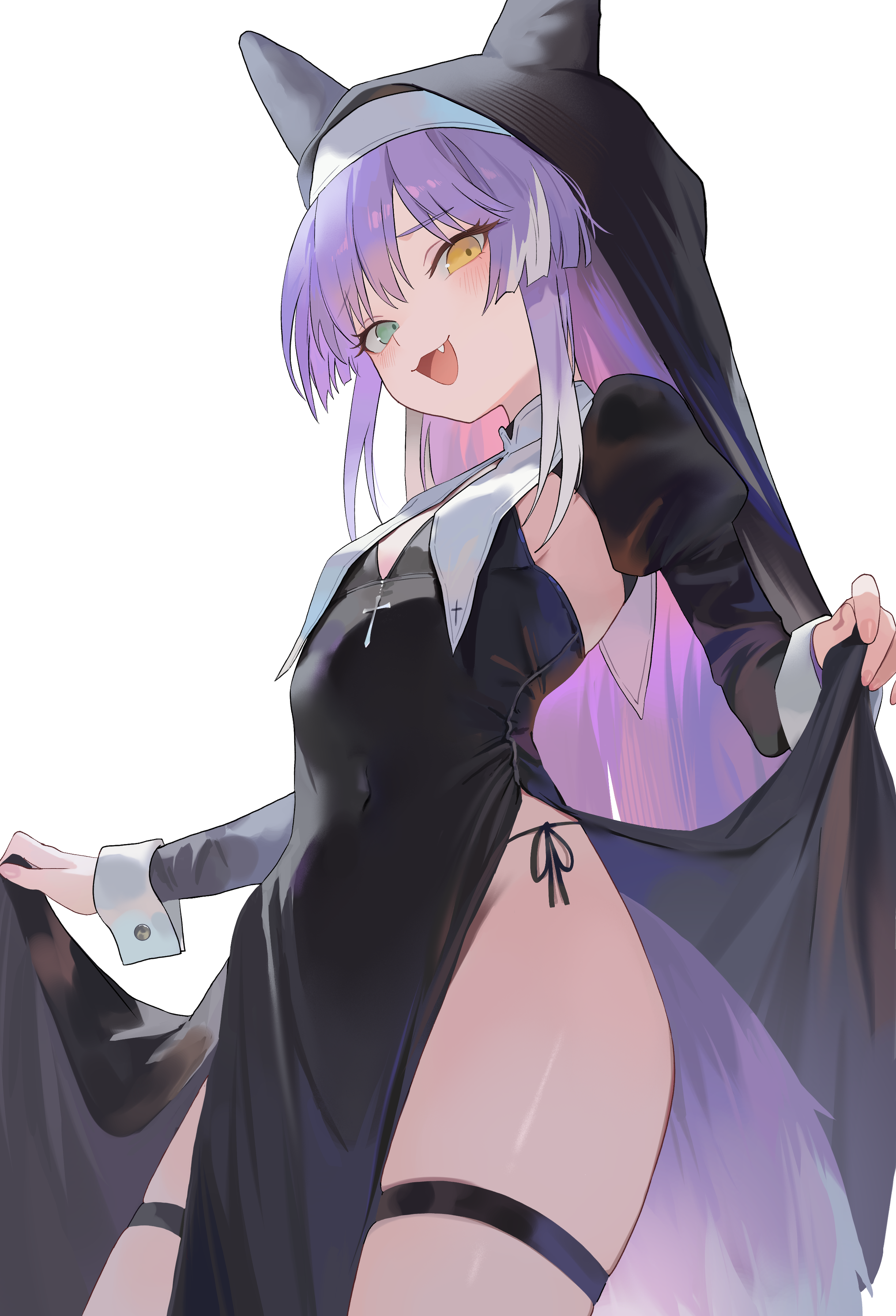 nbee ya, tenko shibuki, stellive, absurdres, highres, 1girl, animal ear headwear, black dress, black veil, breasts, cross, dress, fake animal ears, fang, green eyes, heterochromia, lifting own clothes, long hair, looking at viewer, multicolored hair, nun, open mouth, panties, pelvic curtain, purple hair, side-tie panties, simple background, small breasts, solo, streaked hair, thigh strap, underwear, veil, virtual youtuber, white background, yellow eyes