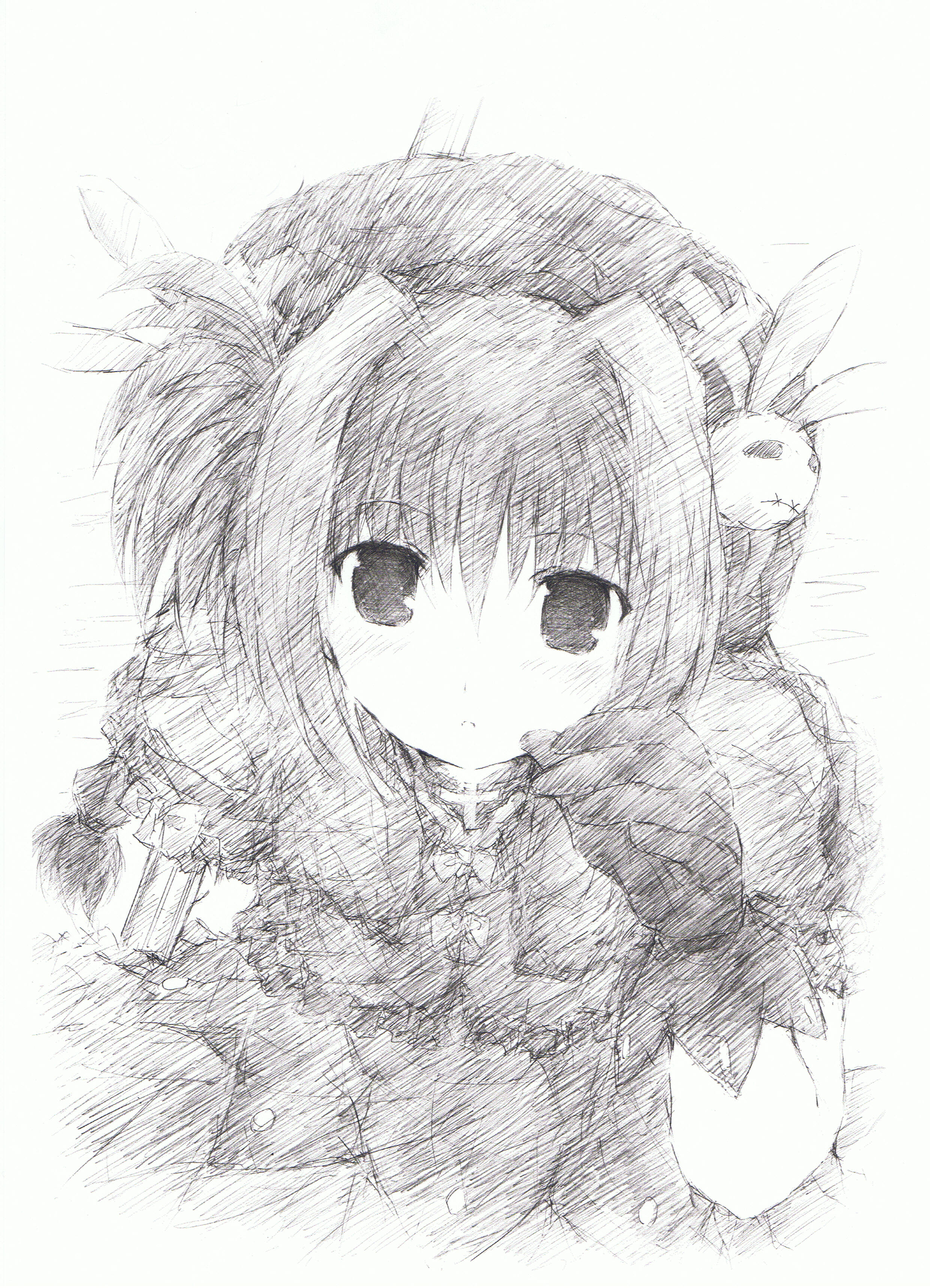 nekotama1989, vita (nanoha), lyrical nanoha, mahou shoujo lyrical nanoha, mahou shoujo lyrical nanoha a's, absurdres, highres, 00s, braid, dress, from above, gloves, greyscale, hat, long hair, monochrome, sketch, solo, twin braids