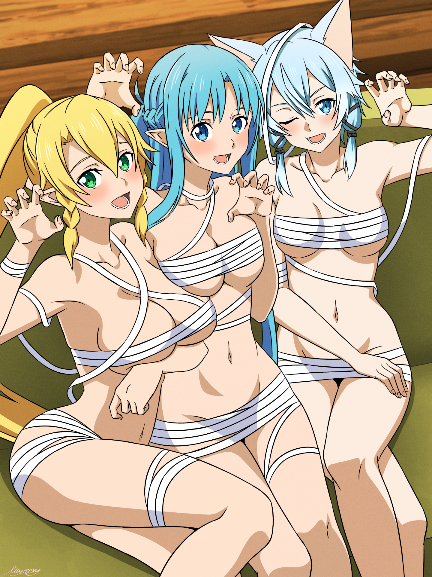mysteryctu, asuna (sao), asuna (sao-alo), leafa (sao), sinon, sinon (sao-alo), sword art online, highres, 3girls, animal ears, bandage on hair, bandaged arm, bandaged chest, bandaged leg, bandaged neck, bandages, blonde hair, blue eyes, blue hair, cat ears, claw pose, green eyes, halloween, halloween costume, long hair, looking at viewer, multiple girls, naked bandage, navel, no bra, no panties, open mouth, paw pose