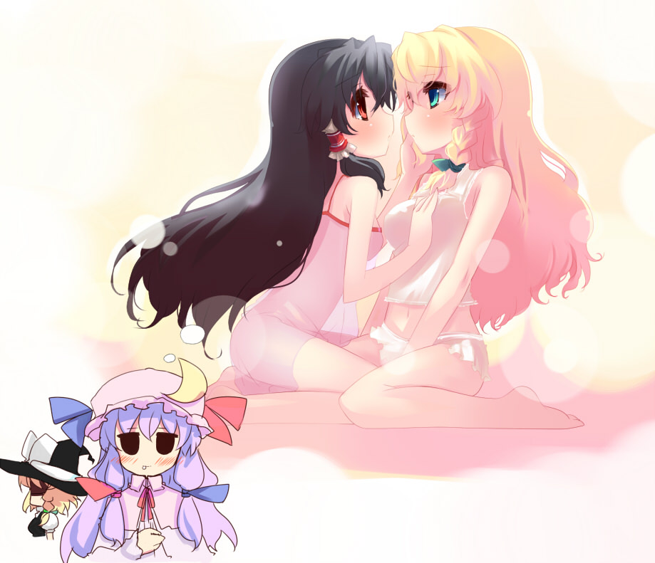 shin (new), hakurei reimu, kirisame marisa, patchouli knowledge, touhou, 3girls, annoyed, barefoot, black hair, blonde hair, blue eyes, blush, braid, breasts, eye contact, female focus, grabbing another's breast, groping, hand on another's face, imagining, imminent kiss, looking at another, multiple girls, red eyes, yuri