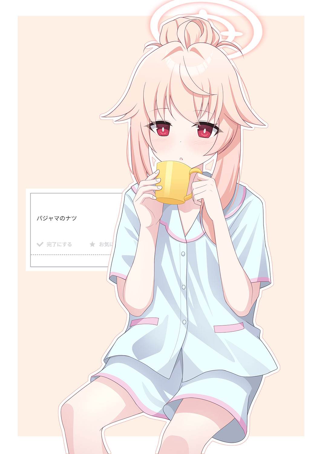 eko, natsu (blue archive), blue archive, commentary request, commission, highres, 1girl, ahoge, alternate costume, alternate hairstyle, blue pajamas, blush, border, bright pupils, cup, eyes visible through hair, feet out of frame, hair between eyes, hair bun, hair intakes, halo, hands up, holding, holding cup, long hair, looking at viewer, mug, open mouth, outline, outside border, pajamas, pink background, pink hair, pink halo, red eyes, request inset, short sleeves, sidelocks, simple background, single hair bun, sitting, solo, white border, white outline, white pupils