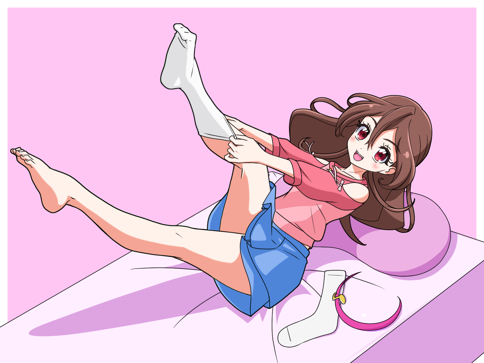 bechamel, sakura uta (precure), kimi to idol precure, precure, commentary, highres, 1girl, :d, bare shoulders, bed, blue skirt, blush, border, brown hair, clothing cutout, collarbone, dot nose, double-parted bangs, dressing, eighth note, feet, fortissimo, full body, hair between eyes, hair ornament, hairband, legs up, long hair, long sleeves, looking at viewer, lying, midriff peek, musical note, musical note hair ornament, no shoes, on bed, open mouth, outstretched arms, pillow, pink background, pink hairband, pink shirt, pink theme, pleated skirt, pulling own clothes, red eyes, shirt, shoulder cutout, simple background, single bare foot, single sock, skirt, smile, socks, solo, teeth, three-quarter sleeves, toe scrunch, toenails, toes, unworn hairband, unworn socks, upper teeth only, white border, white socks