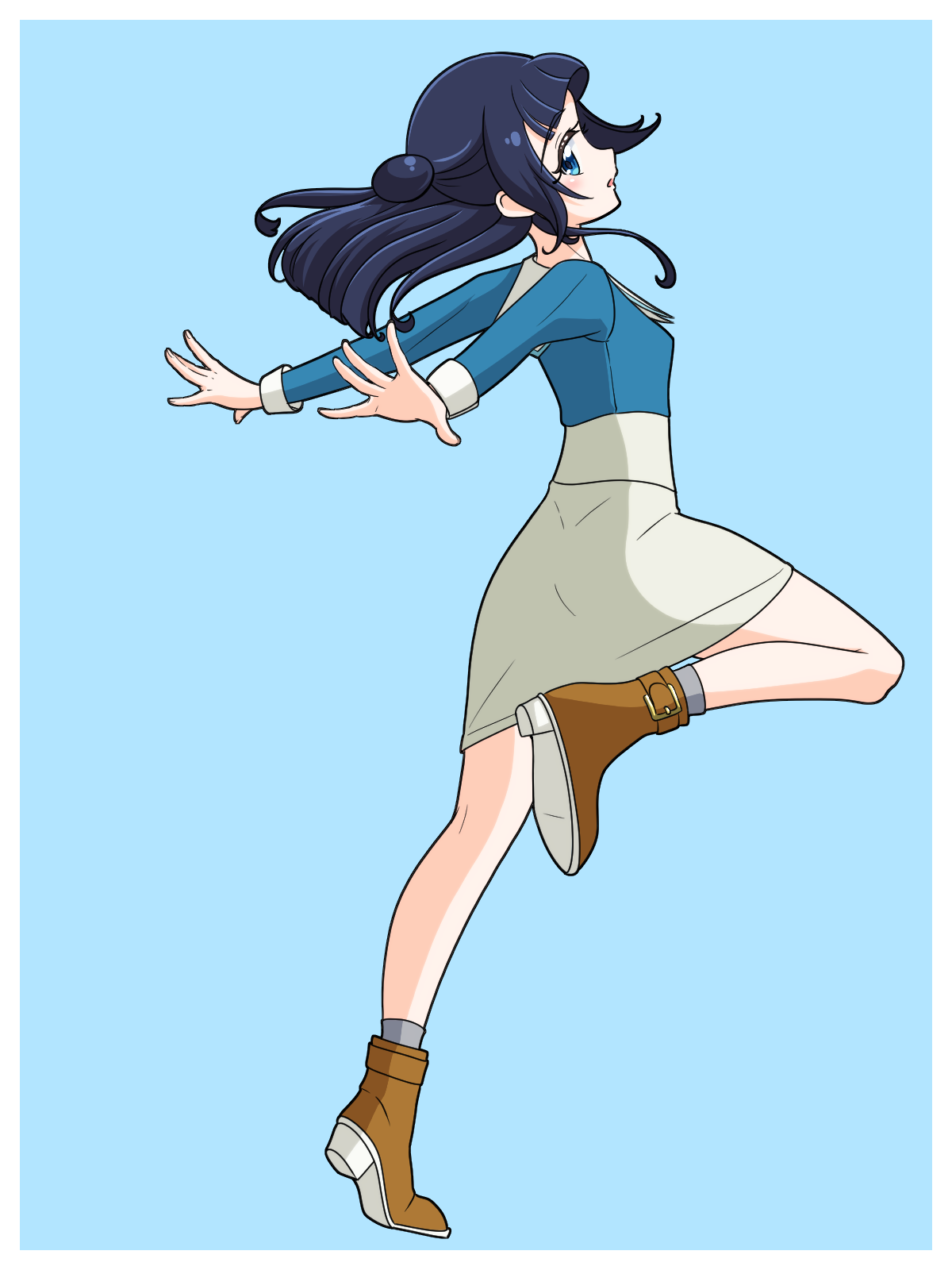 bechamel, aokaze nana, kimi to idol precure, precure, commentary, highres, 1girl, arched bangs, blue background, blue eyes, blue hair, blue shirt, blue theme, blush, boots, border, brown boots, collared shirt, contrast collar, from behind, full body, grey skirt, grey socks, hair bun, high-waist skirt, leg up, long hair, long sleeves, looking at viewer, looking back, open hands, outstretched hand, parted lips, pencil skirt, shirt, simple background, single hair bun, skirt, sleeve cuffs, socks, solo, spread fingers, standing, standing on one leg, tiptoes, white border