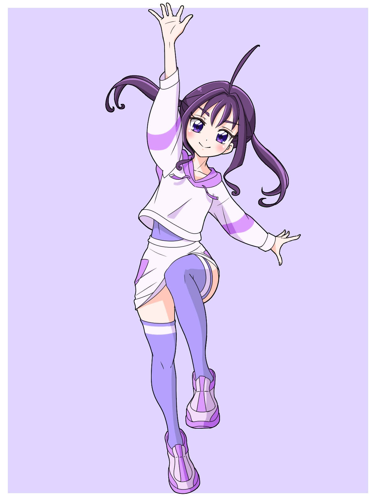 bechamel, shigure kokoro, kimi to idol precure, precure, commentary, highres, 1girl, ahoge, arm up, blush, border, closed mouth, dot nose, drawstring, full body, hair intakes, hood, hood down, hoodie, knee up, long hair, long sleeves, looking at viewer, medium hair, open hand, outstretched hand, purple background, purple eyes, purple hair, purple hoodie, purple shirt, purple shoes, purple skirt, purple theme, purple thighhighs, shirt, shoes, simple background, skirt, smile, solo, spread fingers, standing, standing on one leg, thighhighs, twintails, upright ahoge, white border