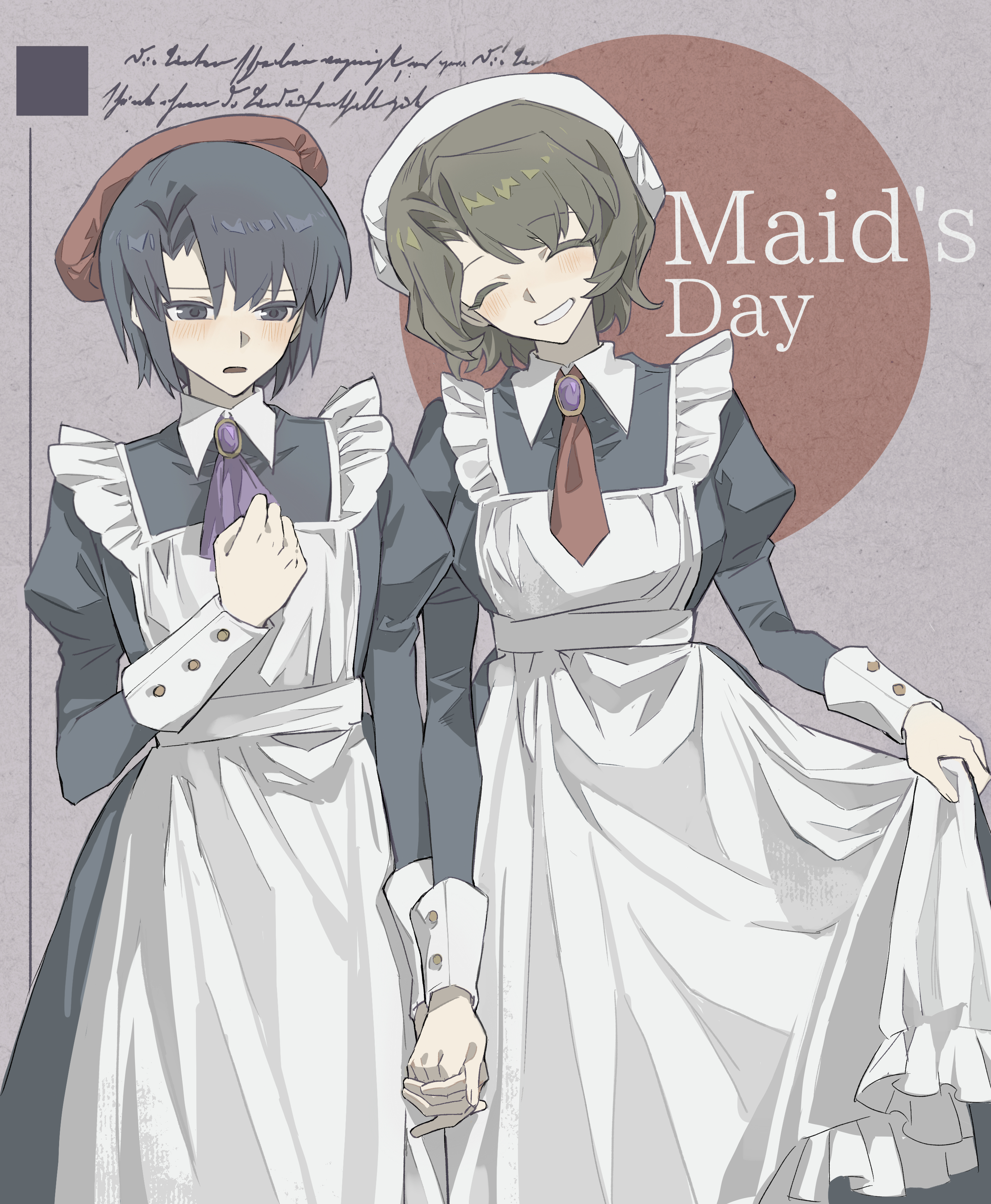 jinxiaoyimeng, kanon (umineko), shannon (umineko), umineko no naku koro ni, absurdres, highres, 1boy, 1girl, apron, ascot, beret, bishounen, black dress, black eyes, black hair, brown hair, closed eyes, cowboy shot, crossdressing, crossdressing (mtf), dress, embarrassed, facing viewer, gem, grin, hair intakes, hand on own chest, hat, head tilt, holding hands, light blush, looking down, maid, maid apron, maid day, male maid, necktie, puffy sleeves, purple ascot, purple gemstone, red hat, red necktie, skirt hold, smile, straight-on, white apron, white hat