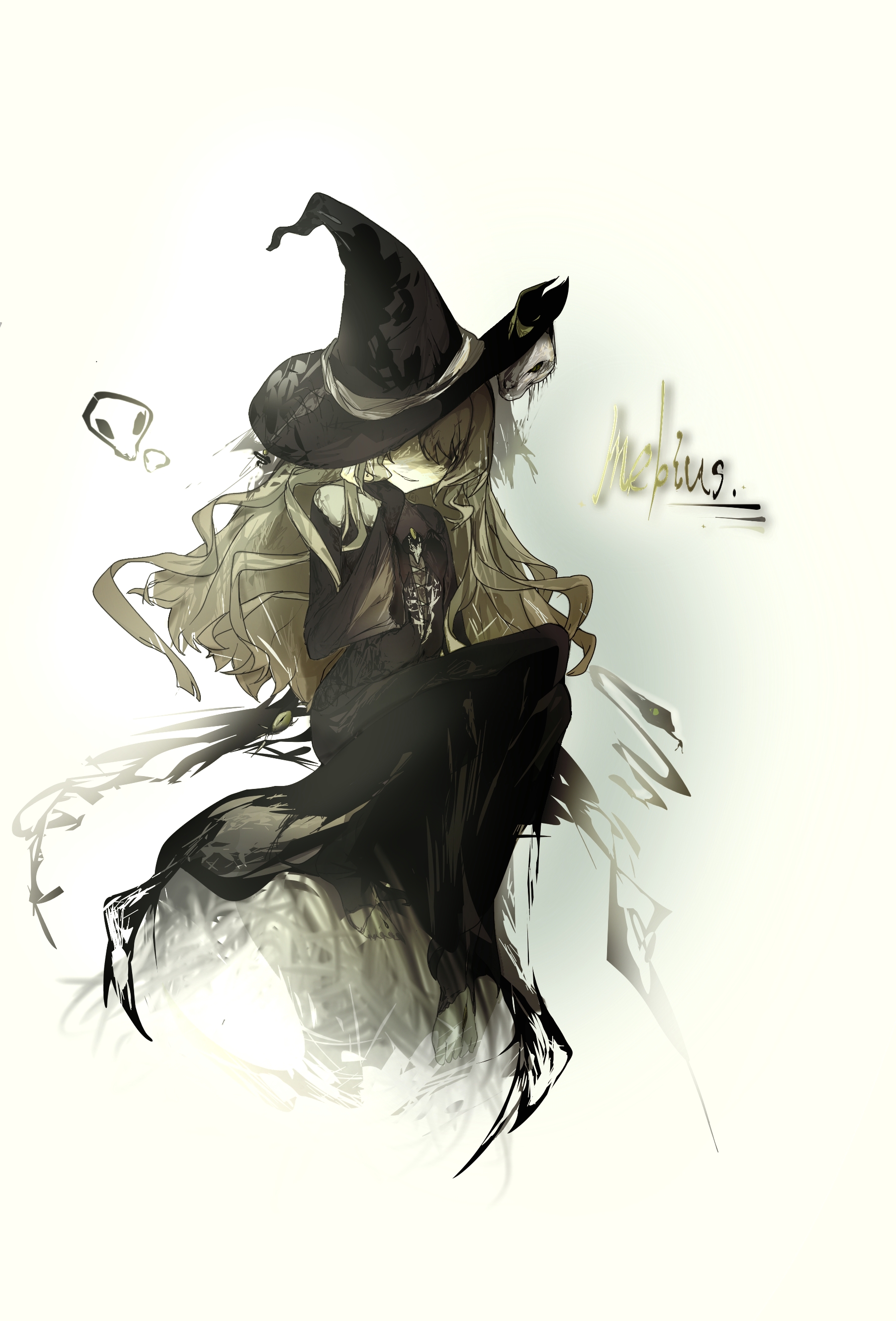 mobius (honkai impact), honkai (series), honkai impact 3rd, absurdres, chinese commentary, commentary request, highres, 1girl, black dress, character name, dress, halloween, halloween costume, hat, qisimao89002, simple background, smile, solo, white background, witch, witch hat