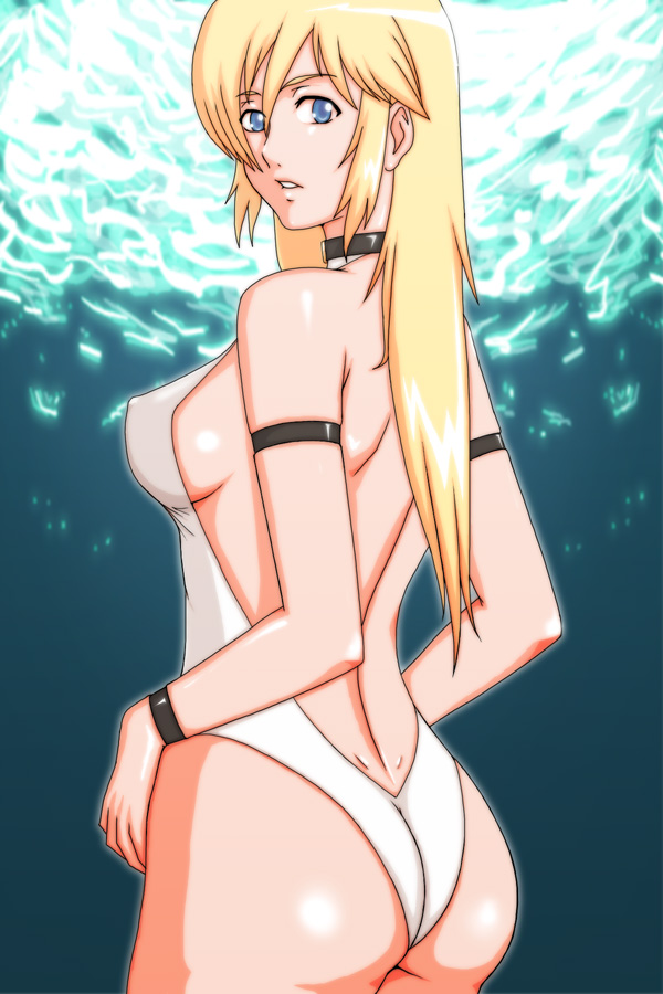 acid (acid-field), bad id, bad pixiv id, 1girl, ass, back, bare shoulders, bikini, blonde hair, blue eyes, breasts, collar, covered erect nipples, dimples of venus, female focus, long hair, looking back, sideboob, solo, swimsuit, wristband