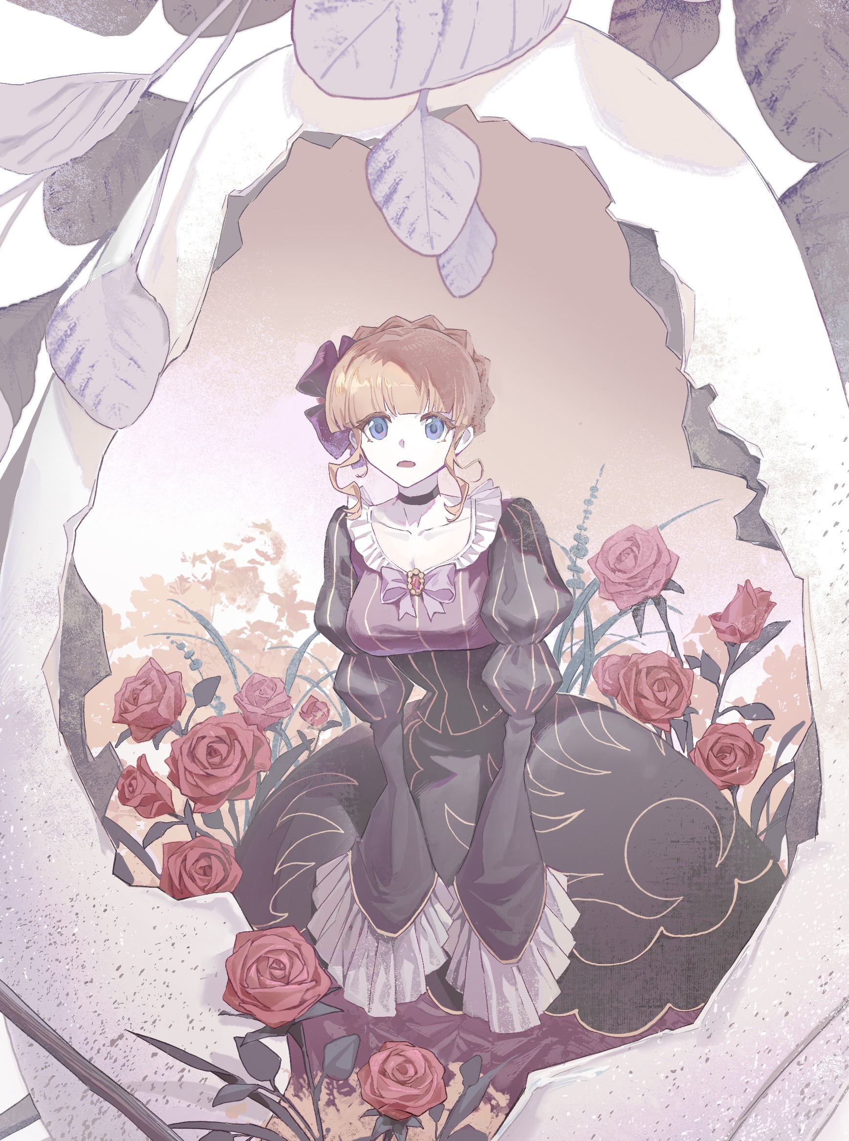 jinxiaoyimeng, beatrice (umineko), umineko no naku koro ni, highres, 1girl, black choker, blonde hair, blue eyes, blunt bangs, bow, braid, brown dress, choker, crown braid, dress, flower, frilled sleeves, frills, full body, gem, grass, hair bow, kneeling, leaf, looking at viewer, open mouth, pale skin, pink bow, puffy sleeves, red bow, red flower, red gemstone, red rose, rose, sidelocks, sleeves past fingers, sleeves past wrists, solo, striped clothes, striped dress, vertical-striped clothes, vertical-striped dress, wavy sidelocks, wide sleeves