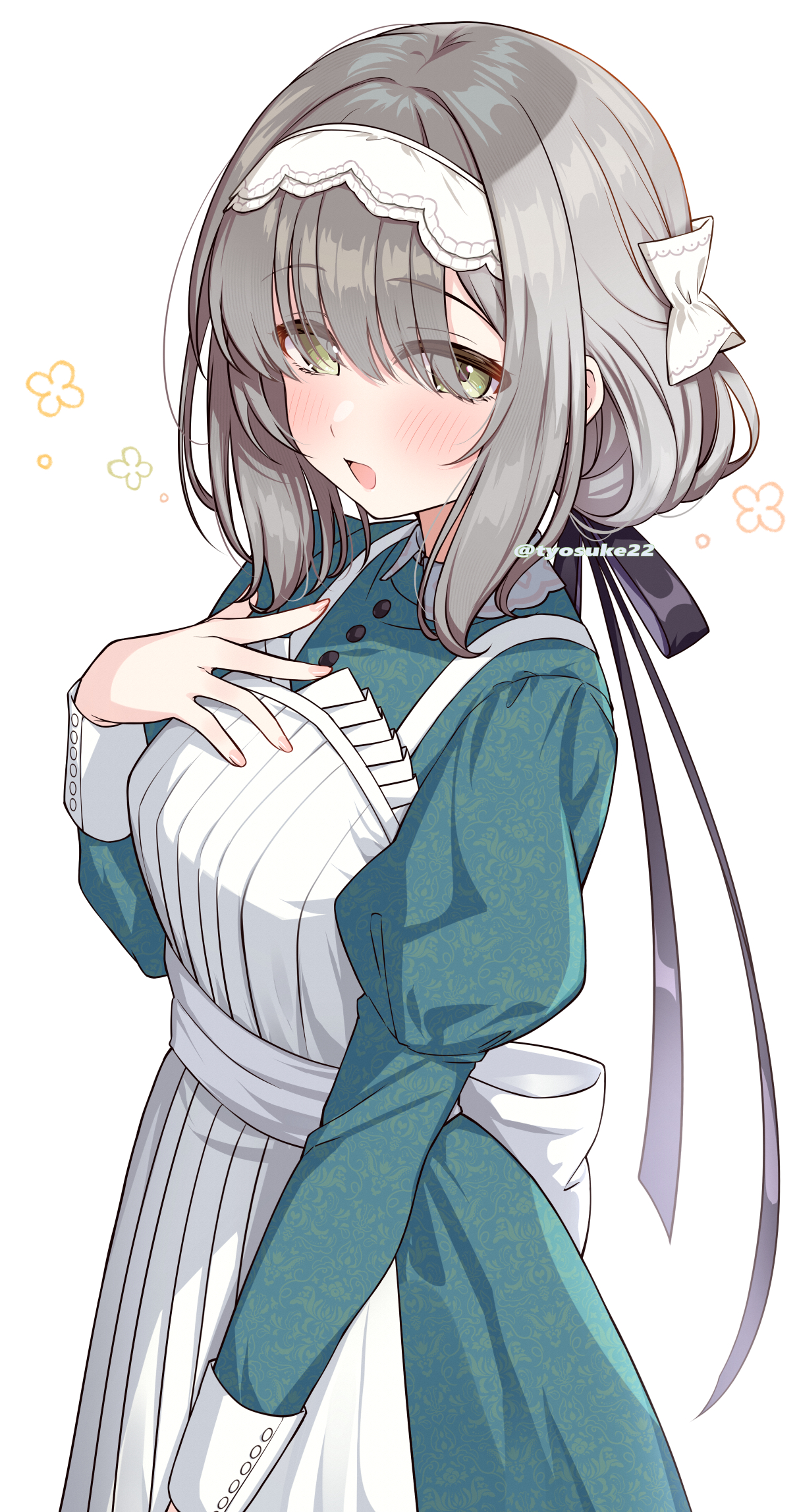chiyosuke (nosuke21), hiwatari kanae, gakuen idolmaster, idolmaster, highres, variant set, 1girl, apron, black ribbon, blush, breasts, dress, green dress, green eyes, grey hair, hair between eyes, hair ribbon, hand on own chest, long sleeves, maid, maid headdress, medium breasts, open mouth, ribbon, short hair, simple background, smile, solo, twitter username, white apron, white background