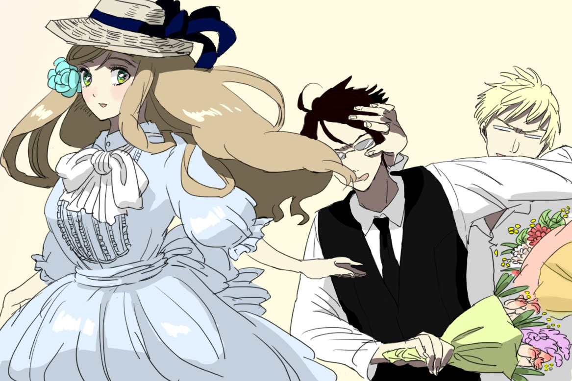 midushima, mizushima (barairo), austria (hetalia), hungary (hetalia), prussia (hetalia), axis powers hetalia, light brown hair, bad id, bad pixiv id, 00s, 1girl, 2boys, blush, bouquet, dress, flower, green eyes, hair flower, hair ornament, hat, long hair, multiple boys, ribbon, smile, sun hat, victorian