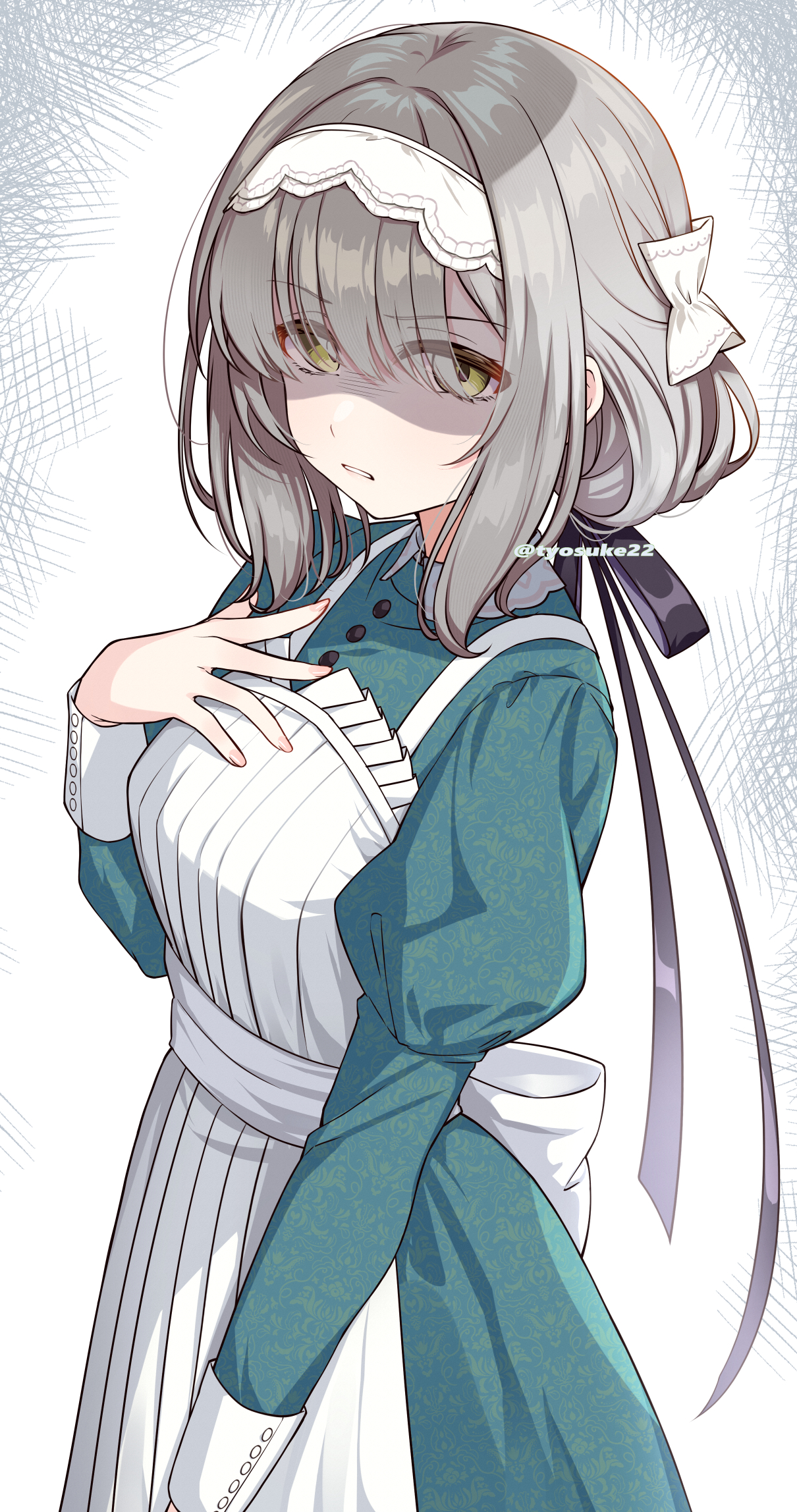 chiyosuke (nosuke21), hiwatari kanae, gakuen idolmaster, idolmaster, highres, variant set, 1girl, apron, black ribbon, breasts, dress, glaring, green dress, green eyes, grey hair, hair between eyes, hair ribbon, hand on own chest, long sleeves, maid, maid headdress, medium breasts, ribbon, scowl, shaded face, short hair, simple background, solo, twitter username, white apron, white background