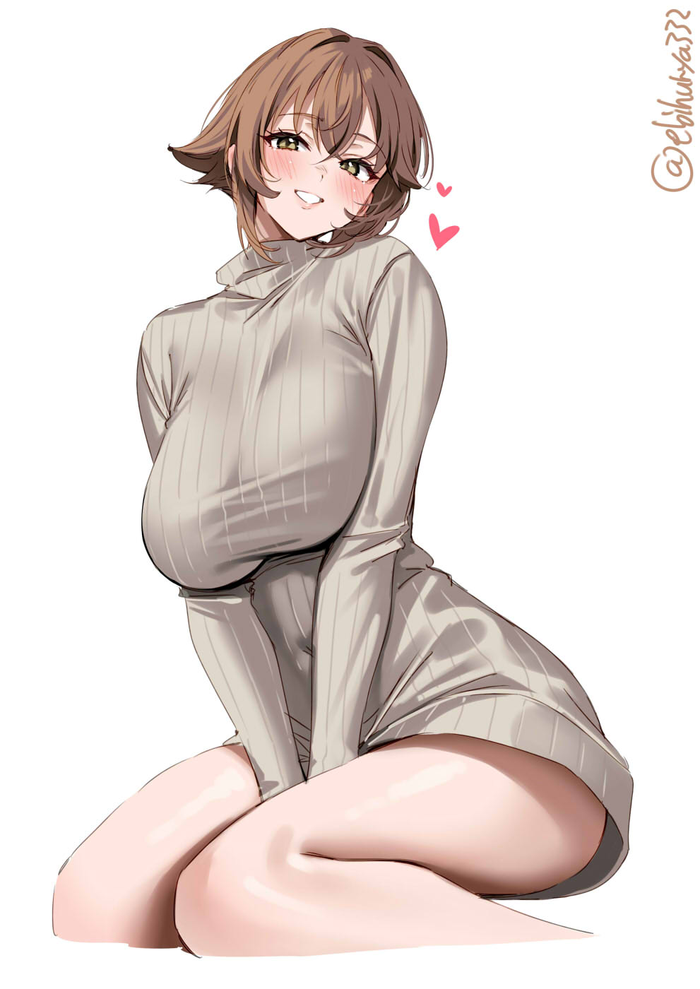 ebifurya, mutsu (kancolle), kantai collection, commentary request, highres, 1girl, alternate costume, artist name, blush, breasts, brown eyes, brown hair, brown sweater, cropped legs, dress, hair between eyes, hair intakes, heart, large breasts, long sleeves, looking at viewer, one-hour drawing challenge, short hair, sidelocks, simple background, sitting, smile, solo, sweater, sweater dress, thighs, turtleneck, turtleneck sweater, twitter username, v arms, white background