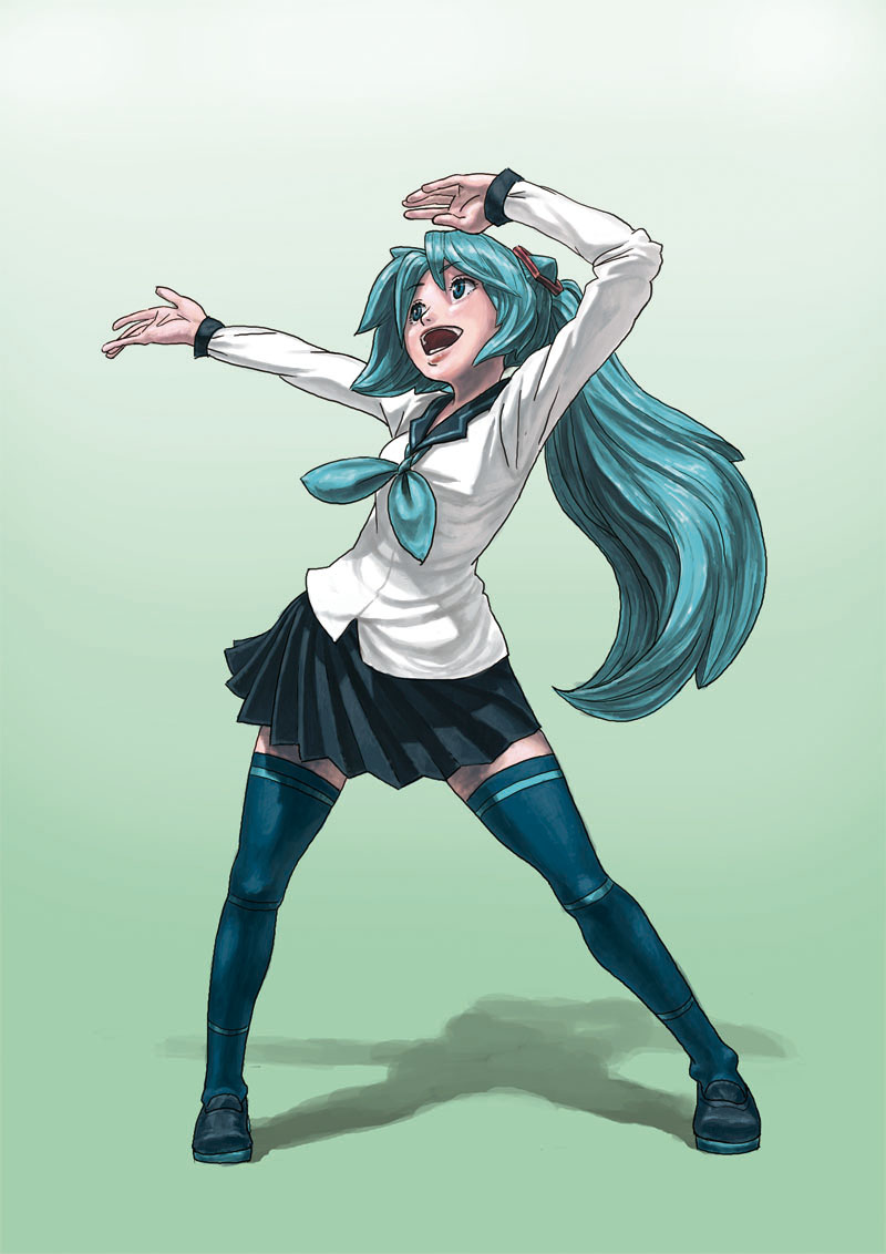 kionaoki, hatsune miku, vocaloid, bad id, bad pixiv id, aqua eyes, aqua hair, arms up, dancing, hair ribbon, ponytail, ribbon, school uniform, serafuku, skirt, smile, solo, thighhighs, zettai ryouiki