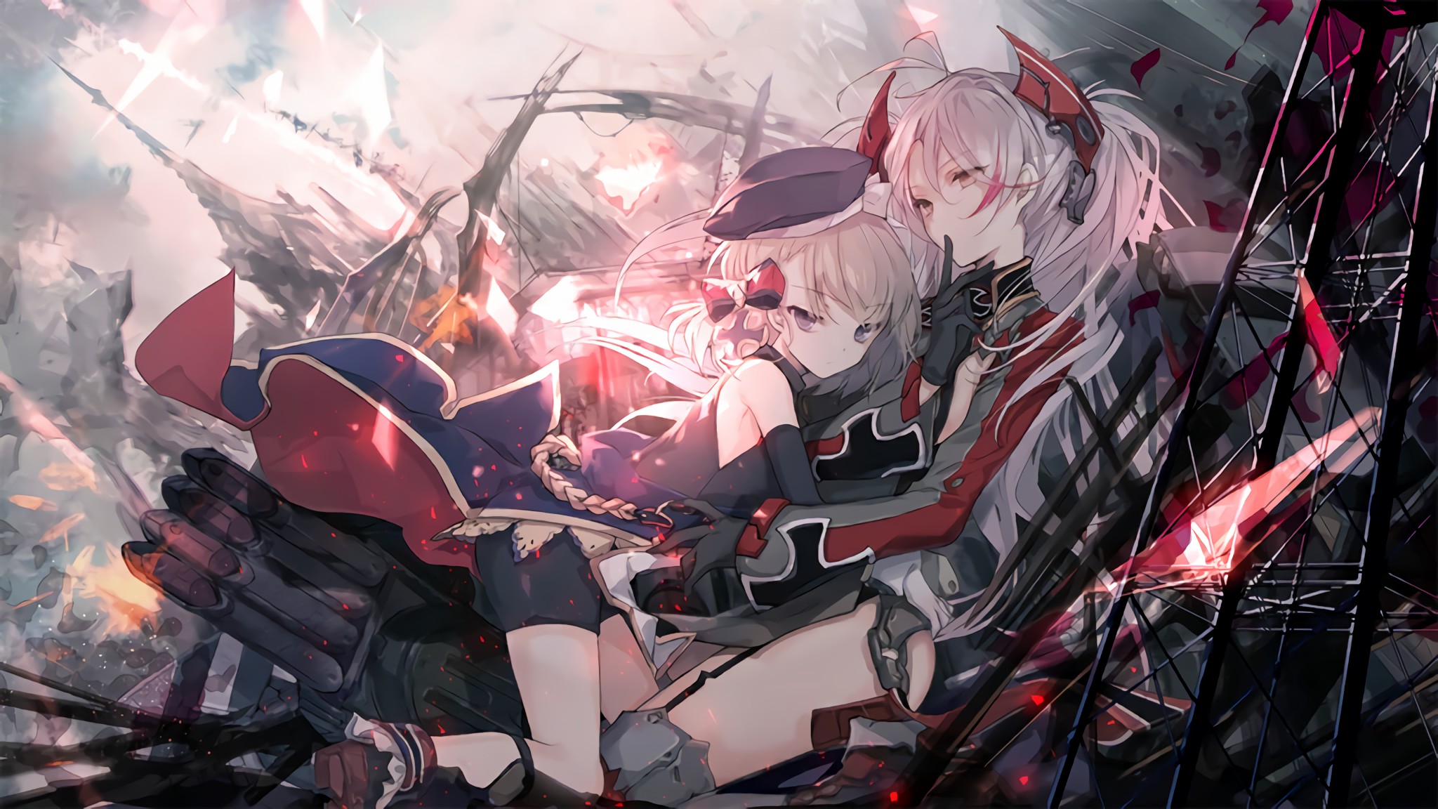 cierra (ra-bit), prinz eugen (azur lane), z23 (azur lane), azur lane, highres, official art, photoshop (medium), resized, third-party source, upscaled, 2girls, antenna hair, bare shoulders, beret, blonde hair, blue eyes, boots, bow, breasts, cannon, covered mouth, cross, finger to mouth, garter straps, gloves, grey hair, hair between eyes, hair ornament, hat, headgear, hug, iron cross, large breasts, light particles, long hair, looking at viewer, machinery, medium breasts, multicolored hair, multiple girls, outdoors, red hair, ribbon, rigging, ship turret, short hair, shorts, sidelocks, sitting, smile, streaked hair, thighs, torpedo launcher, two side up, very long hair, wide sleeves