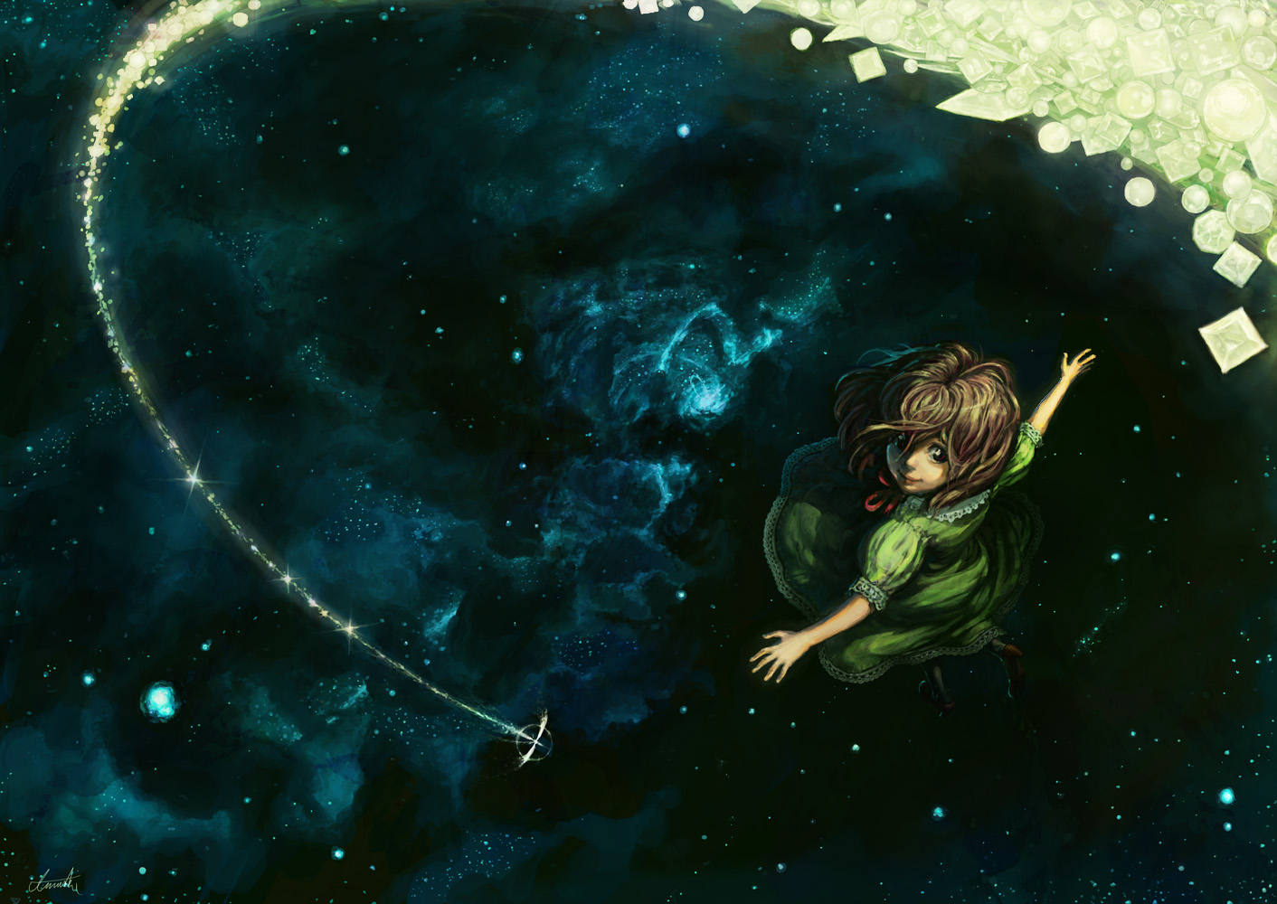 kionaoki, original, md5 mismatch, resolution mismatch, source smaller, 1girl, blonde hair, dress, female focus, gem, looking back, night, outstretched arms, red eyes, solo, space, spread arms