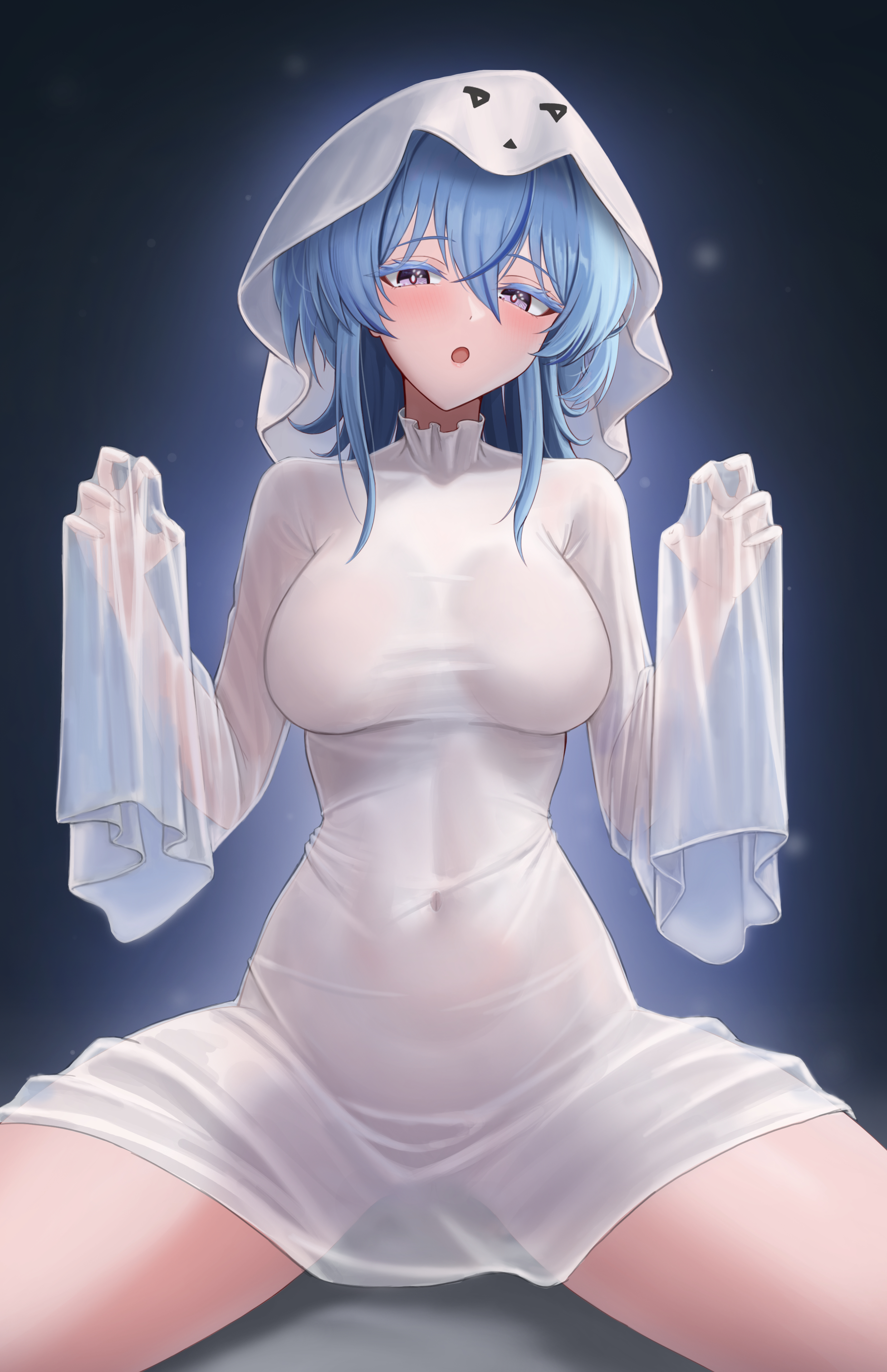 commonalty, shorekeeper (wuthering waves), wuthering waves, absurdres, commentary, english commentary, highres, paid reward available, revision, 1girl, :o, blue hair, blush, breasts, breasts apart, claw pose, collarbone, colored eyelashes, cross, ghost costume, hair between eyes, hands up, long hair, looking at viewer, medium breasts, navel, open mouth, purple eyes, sheet ghost, solo, stomach, thighs