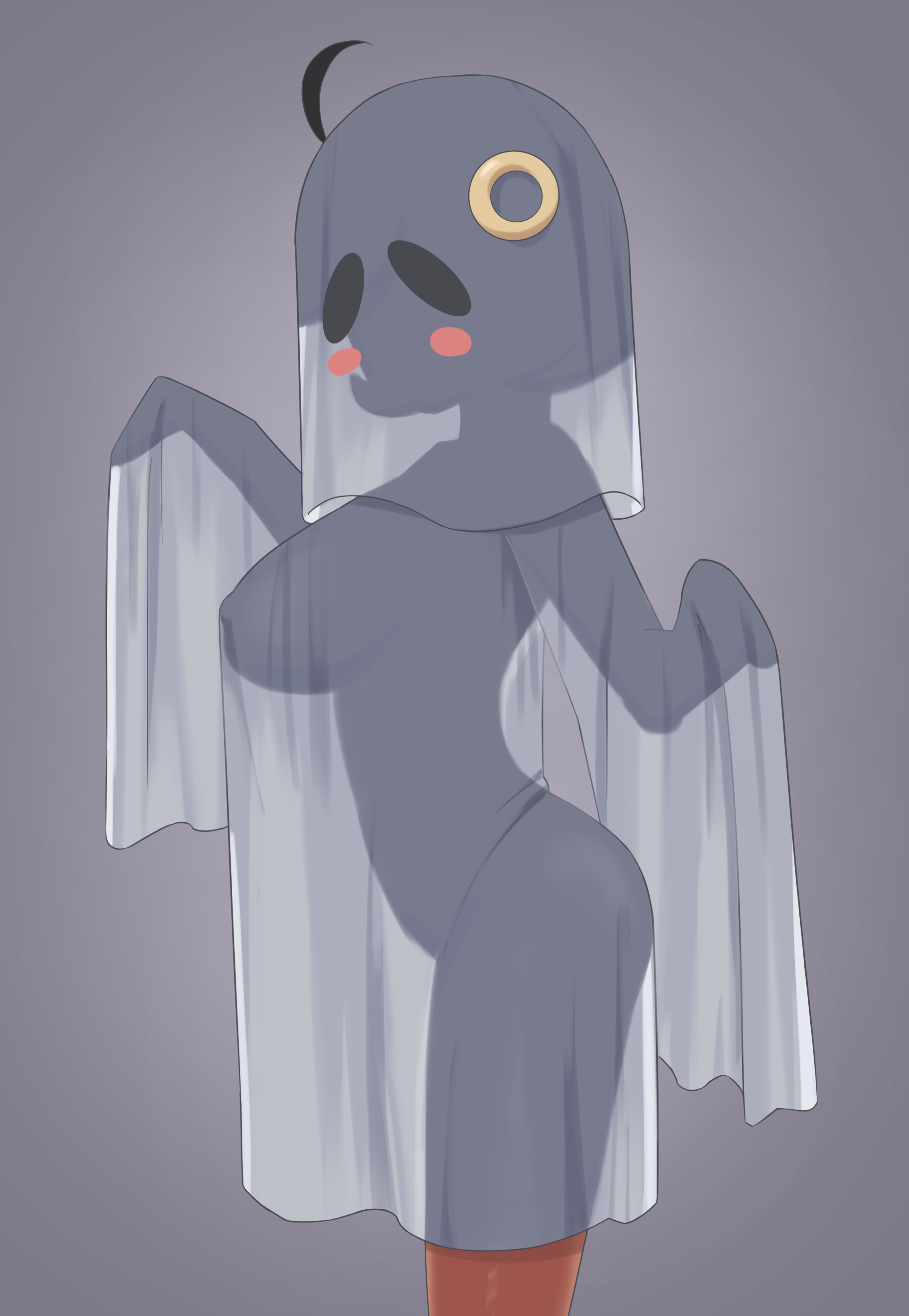 lie-on, emma (pokemon), nintendo, pokemon, pokemon legends: z-a, absurdres, commentary request, highres, 1girl, ass, black hair, blush stickers, breasts, covered erect nipples, cowboy shot, cowlick, dark-skinned female, dark skin, ghost costume, grey background, hair ornament, hair through headwear, halloween costume, hands up, implied nudity, large breasts, naked costume, see-through silhouette, sheet ghost, short hair, simple background, solo, standing