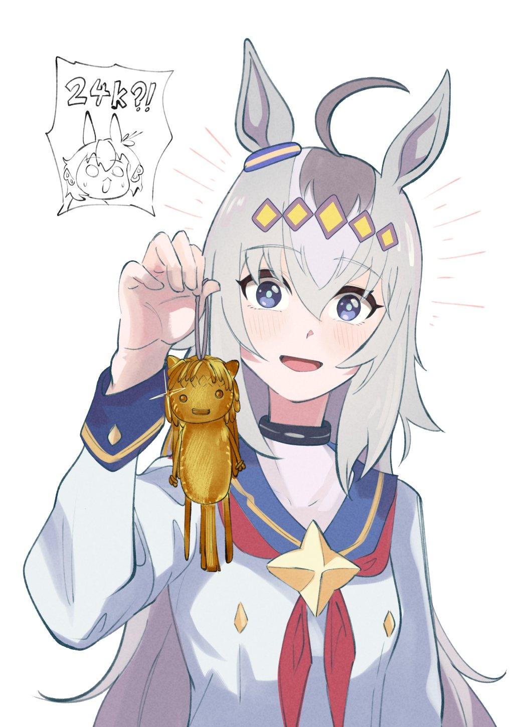 belno light (umamusume), oguri cap (starlight beat) (umamusume), oguri cap (umamusume), umamusume, highres, 24 karat gold labubu (meme), 2girls, blue eyes, blush, grey hair, horse girl, houya hafu, long hair, long sleeves, meme, multiple girls, short hair