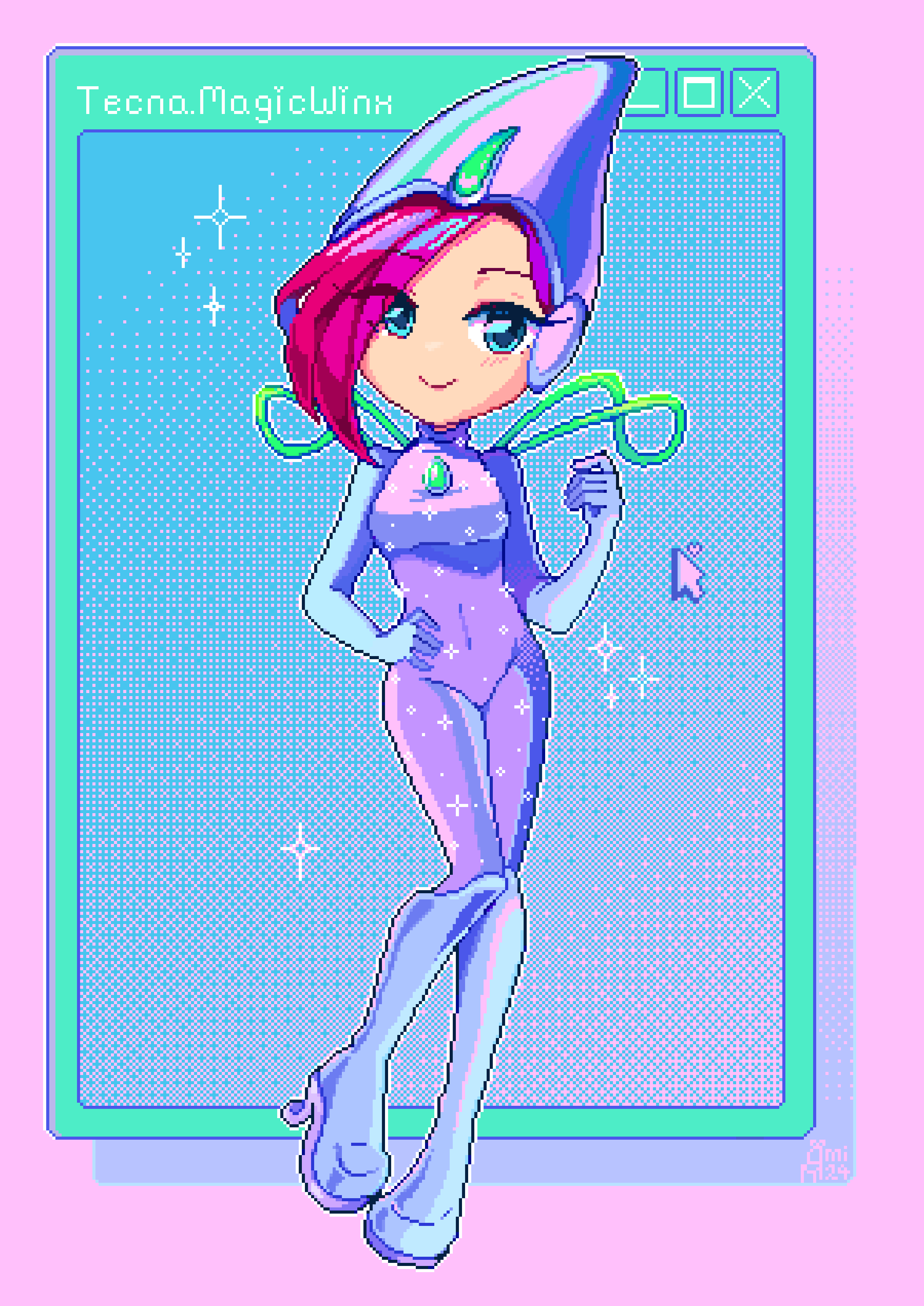mimichair, tecna (winx club), winx club, absurdres, commentary, english commentary, highres, 1girl, aqua eyes, asymmetrical bangs, blue boots, blue gloves, bodysuit, boots, breasts, character name, chest jewel, clenched hand, closed mouth, covered navel, cursor, elbow gloves, eyelashes, eyes visible through hair, fairy, full body, gem, glitter, gloves, green gemstone, green wings, hand on own hip, happy, high heel boots, high heels, hood, hood up, hooded bodysuit, knee boots, large breasts, looking at viewer, magical girl, outline, pink background, pink hair, pixel art, purple bodysuit, short hair, sleeveless, sleeveless bodysuit, smile, solo, sparkle, standing, turtleneck, turtleneck bodysuit, white outline, window (computing), wings