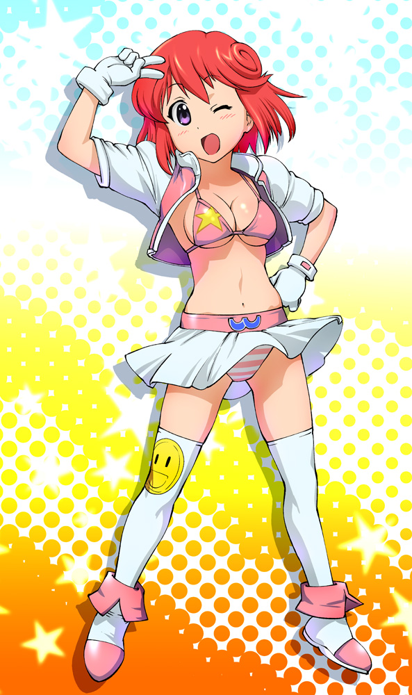 ueyama michirou, pastel (twinbee), twinbee, 1girl, ;d, bikini, bikini top only, blush, boots, breasts, cleavage, crop top, female focus, gloves, hand on own hip, large breasts, looking at viewer, midriff, navel, one eye closed, open clothes, open mouth, panties, pantyshot, polka dot, print bikini, print thighhighs, purple eyes, red hair, salute, short hair, skirt, smile, smiley face, solo, standing, star (symbol), star print, star print bikini, striped clothes, striped panties, swimsuit, thighhighs, underboob, underwear, upskirt, white thighhighs, wind, wind lift, wink