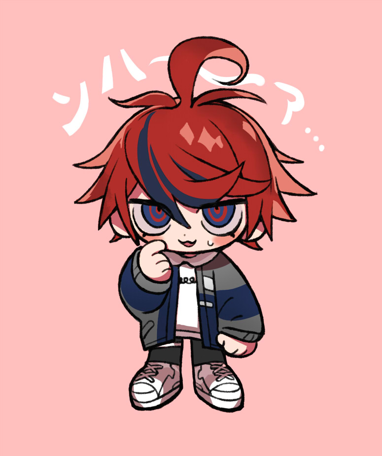 sumino takumi, the hundred line -last defense academy-, commentary request, 1boy, ahoge, black pants, black streaks, blue eyes, blue jacket, chibi, chibi only, explopyon, full body, grey jacket, hood, hoodie, jacket, jacket over hoodie, looking at viewer, male focus, multicolored hair, multicolored jacket, open clothes, open jacket, pants, pink background, red hair, ringed eyes, scratching cheek, shoes, short hair, simple background, solo, streaked hair, sweatdrop, two-tone jacket, white hoodie, white shoes