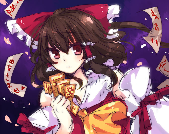 yatosaki haru, hakurei reimu, touhou, bad id, bad pixiv id, 1girl, bow, brown hair, detached sleeves, female focus, hair bow, japanese clothes, miko, ofuda, red eyes, solo
