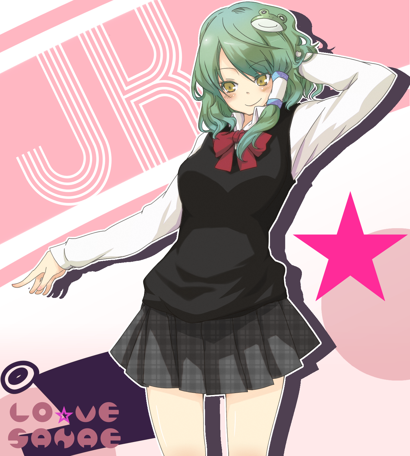 ko->u, kochiya sanae, touhou, bad id, bad pixiv id, highres, 1girl, alternate costume, bow, bowtie, female focus, frog, green hair, hair ornament, pleated skirt, school uniform, short hair, skirt, solo, yellow eyes